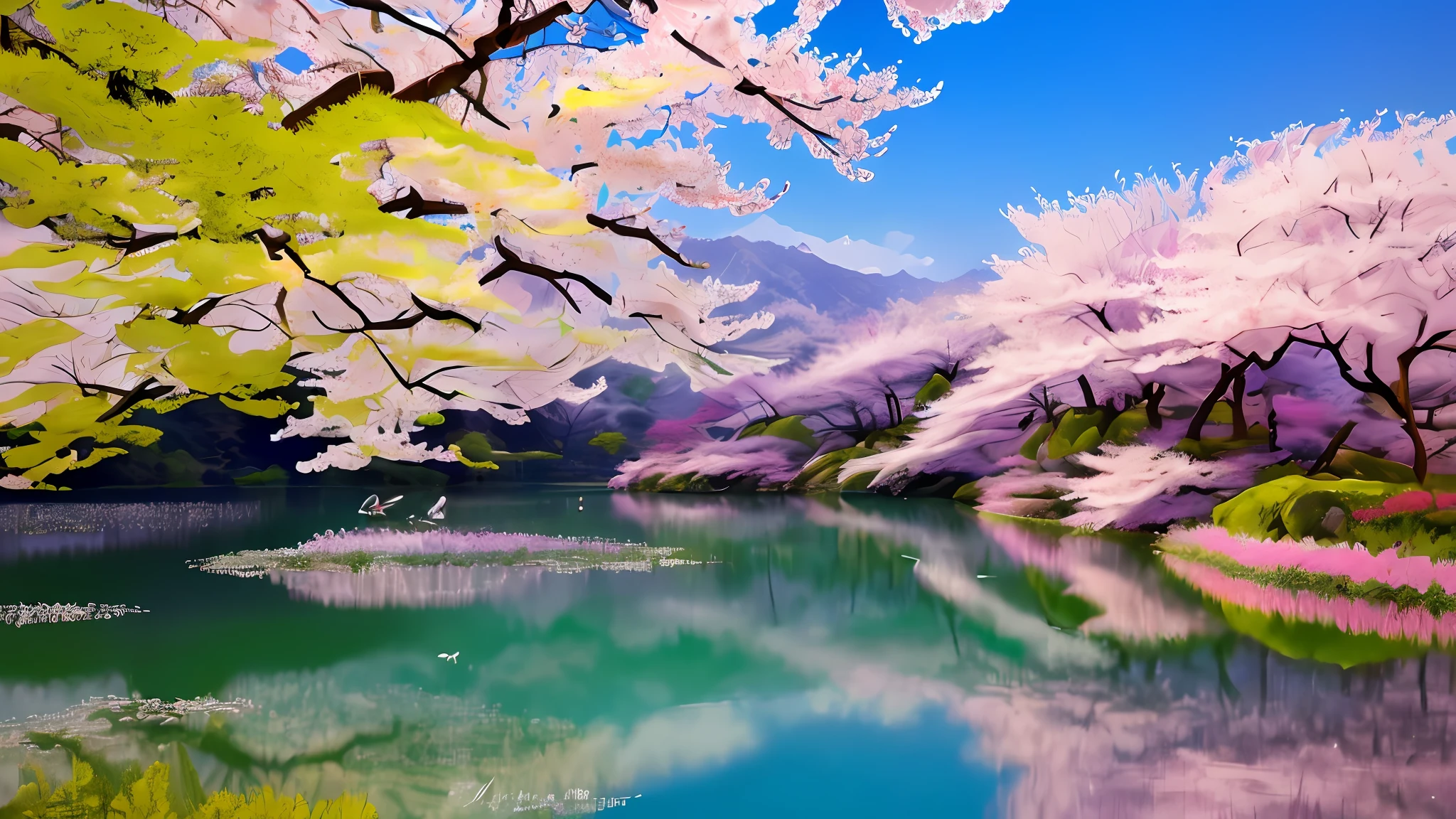 It is a colorful and vivid landscape painting that depicts the beauty of West Lake in spring. The water is calm, with the surrounding trees and flowers reflecting off its mirror-like surface. Birds chirp and chirp, creating a lively atmosphere. The trees are in full bloom with pink and white cherry blossoms, and the contrast with the green is spectacular. The atmosphere is cheerful and cheerful, reminiscent of the famous poem "Spring Night of West Lake" (西湖の春夜). Using traditional Chinese ink and watercolor techniques, the work focuses on capturing the natural beauty of vibrant colors and landscapes. --ar 16:9--v 4