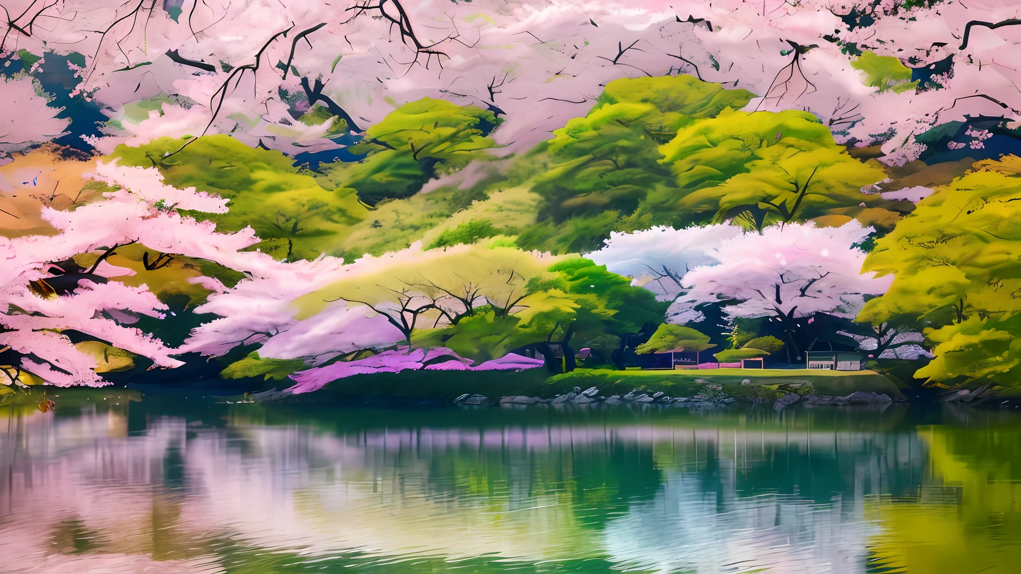 It is a colorful and vivid landscape painting that depicts the beauty of West Lake in spring. The water is calm, with the surrounding trees and flowers reflecting off its mirror-like surface. Birds chirp and chirp, creating a lively atmosphere. The trees are in full bloom with pink and white cherry blossoms, and the contrast with the green is spectacular. The atmosphere is cheerful and cheerful, reminiscent of the famous poem "Spring Night of West Lake" (西湖の春夜). Using traditional Chinese ink and watercolor techniques, the work focuses on capturing the natural beauty of vibrant colors and landscapes. --ar 16:9--v 4