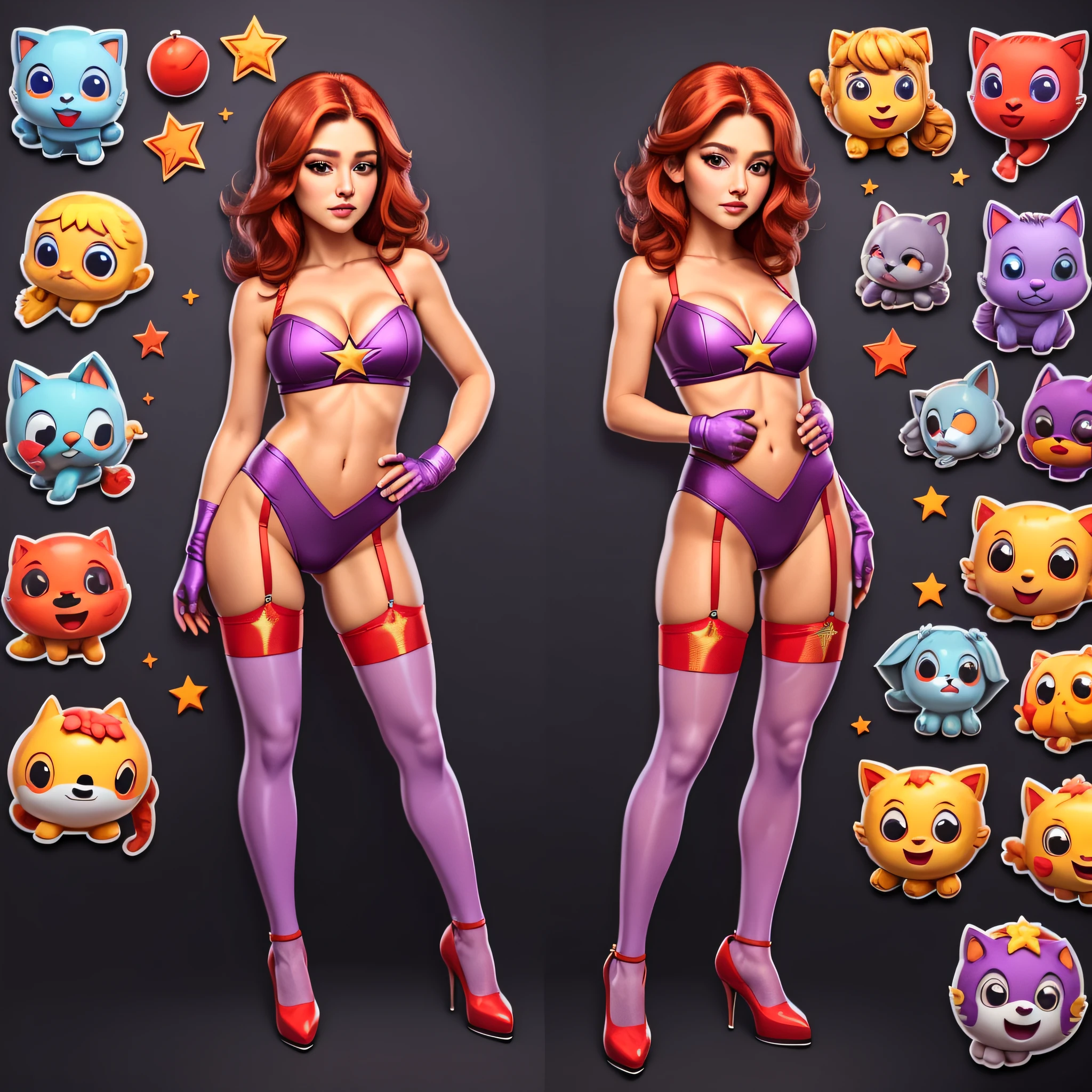 STICKER (best quality, masterpiece, highres:1.3), (solid outline:1.2), absurdres, women full view, large breasts, star eye, Starfire, Superhero, blush, Red eyes, red hair, purple costume,  purple gloves, hands behind back, naked, see thru, milf, full body portrait, cowboy shot, no background, looking up, perfect face, detailed face, bangs, perfect body, beautiful eyes, pretty face, bright skin, idol, shoes, cleavage, face view, ass view, side by side, sexy stockings, unbutton top, panties, full body, shoes visible, standing up,