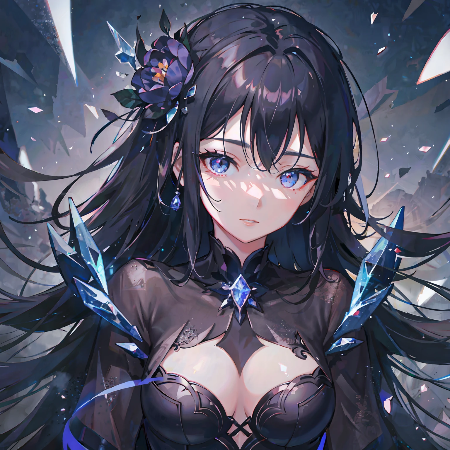 macro, anime style, a glorious void-infused black peony, frozen, frost coating, beads of condensation, crystal and sparks in the air, gilded, backdrop volumetric void-light, sublime, delicate, beautiful, intricate details, highly detailed, high-res, vivid color grading, composite lighting, dynamic composition, well drawn, crisp, sharp focus, glamour shot, realistic