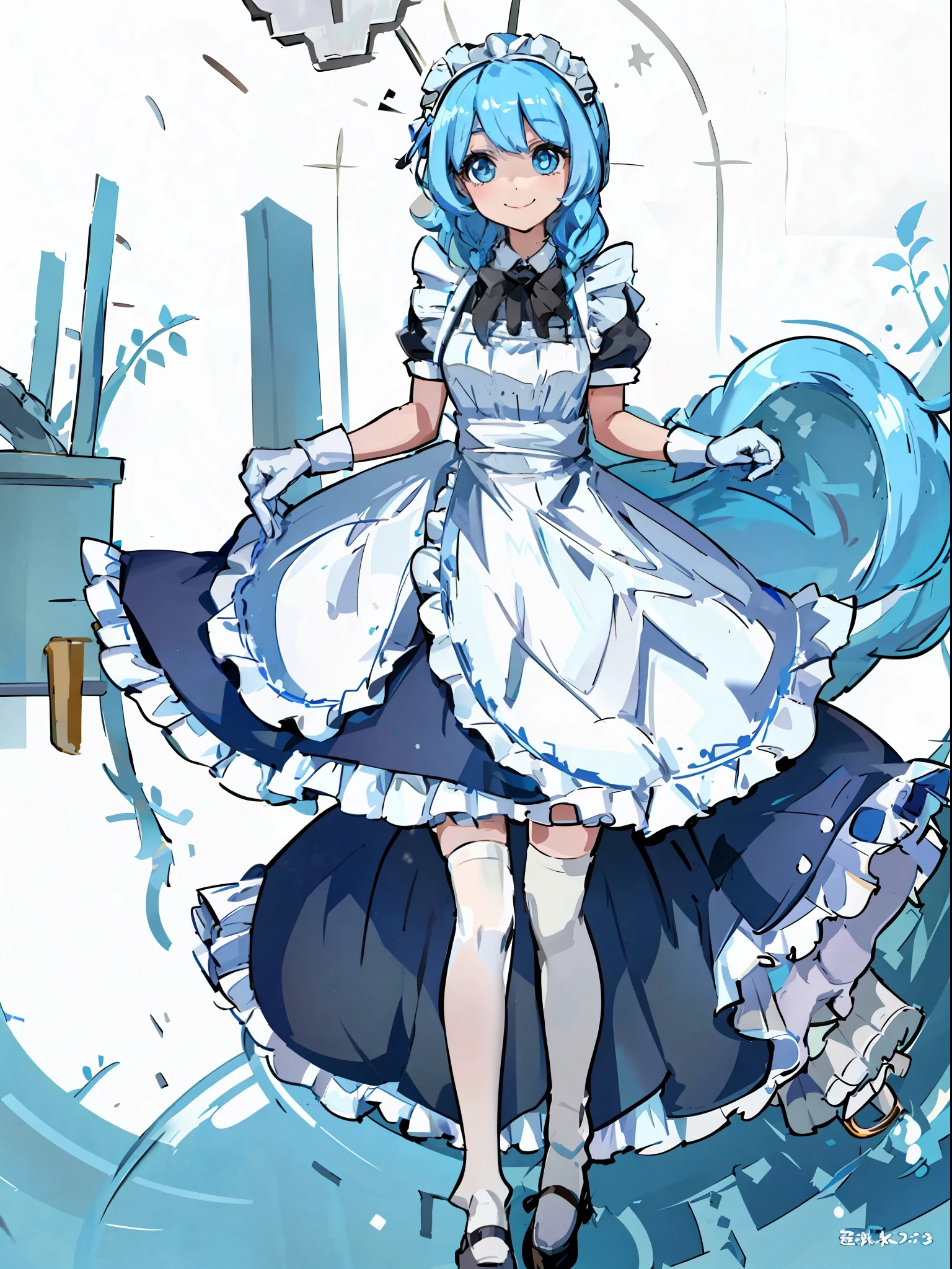 best quality, ultra detailed, 1girl, solo, standing, aquamarine hair, twin braids, blue eyes, maid's headdress, maid's apron, bangs, white gloves, look, smile, looking at the viewer, (interview: 1.3),