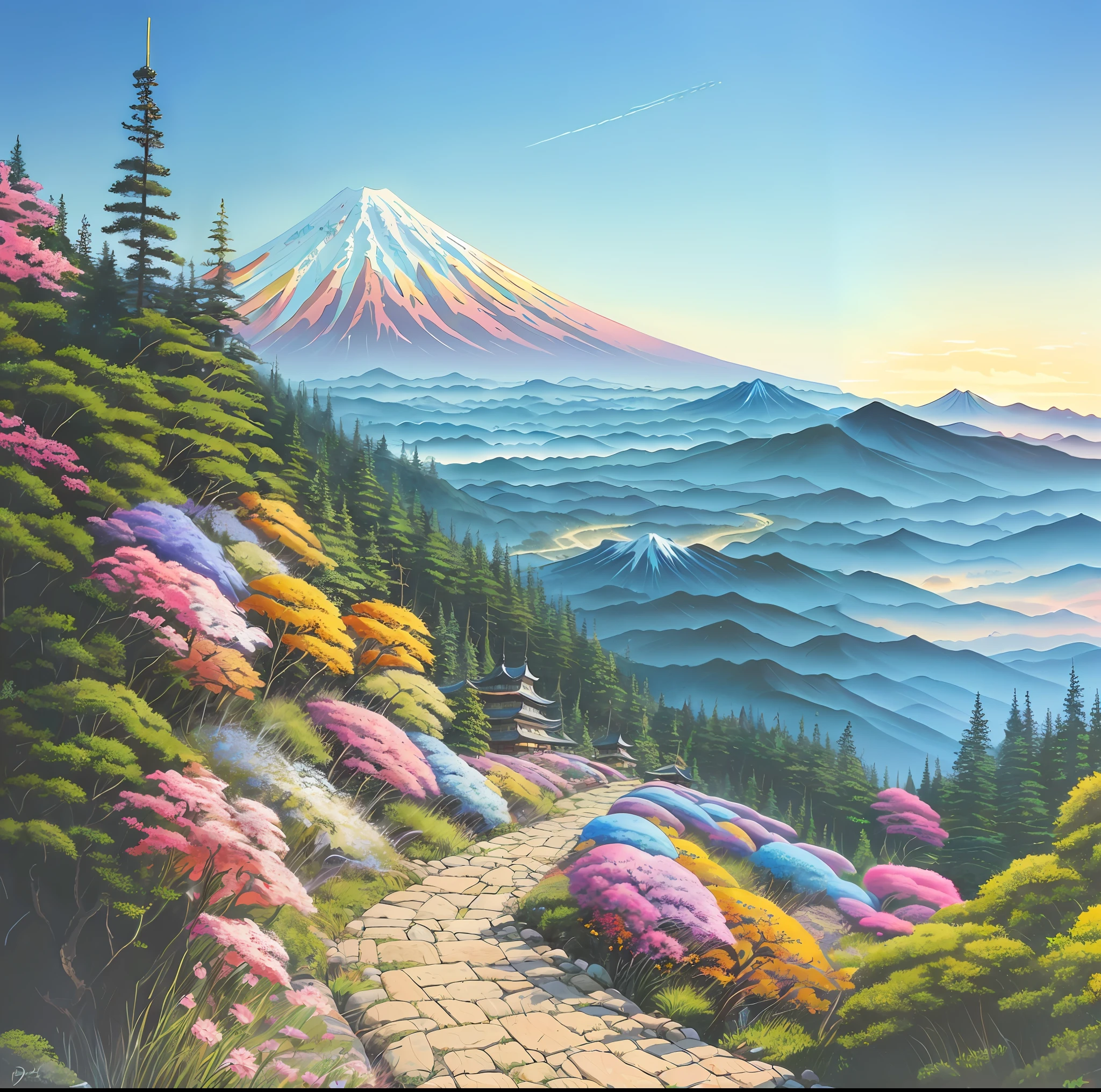 painting of a mountain with a path leading to a colorful mountain, blossoming path to heaven, sweeping vista, by David B. Mattingly, inspired by Yoshida Hanbei, scenery artwork, mythical floral hills, scenic landscape, detailed scenery —width 672, majestic landscape, mountain scene, peaceful landscape, detailed painting 4 k, a beautiful landscape, scenery art detailed