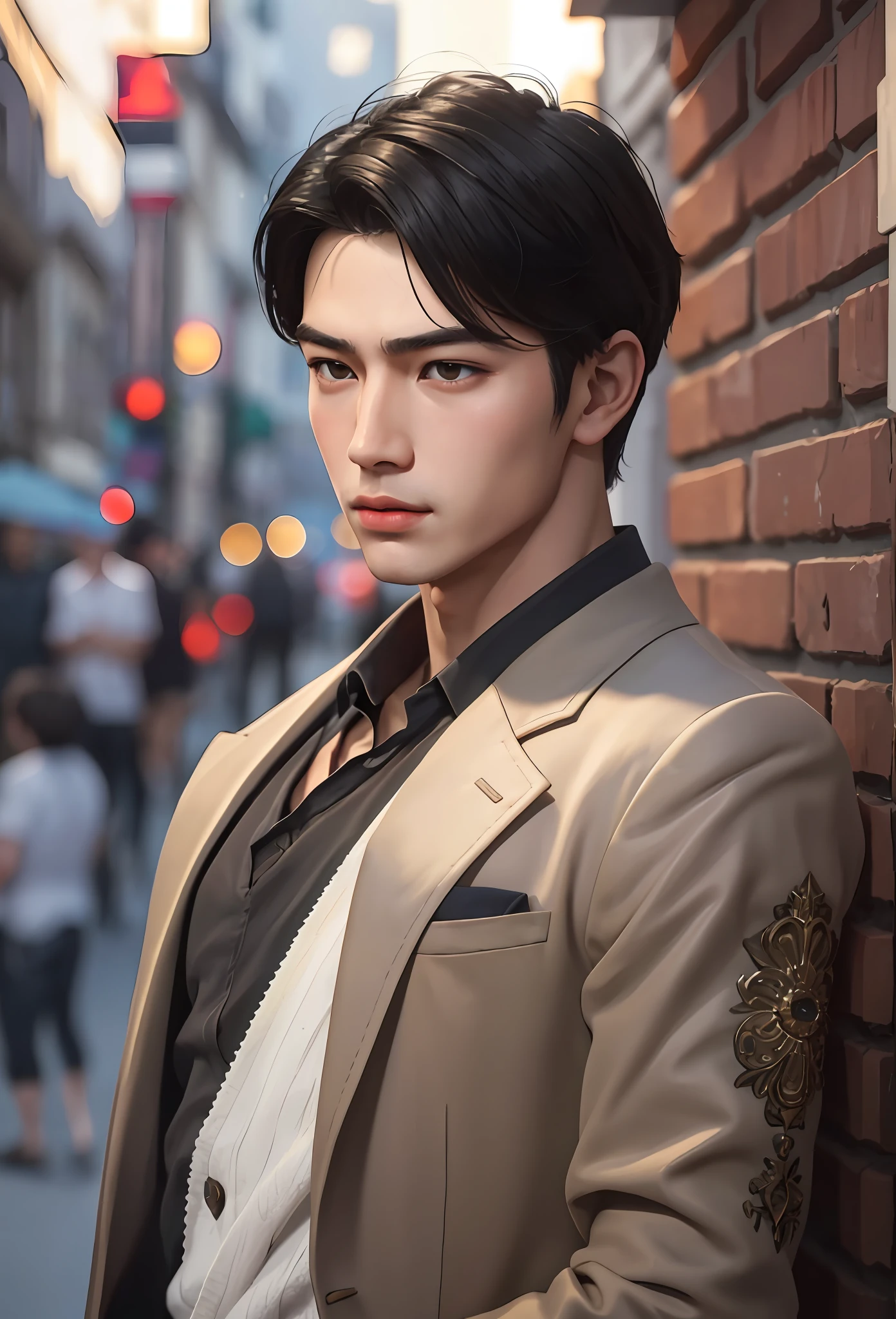 Masterpiece, best quality, (realistic, very detailed), boy, handsome face, short straight black hair, delicate and Asian face, ((Greek and perfect nose)), beautiful and fleshy lips, wearing urban clothes, sensual, atmosphere, (realism: 1.5), 8k