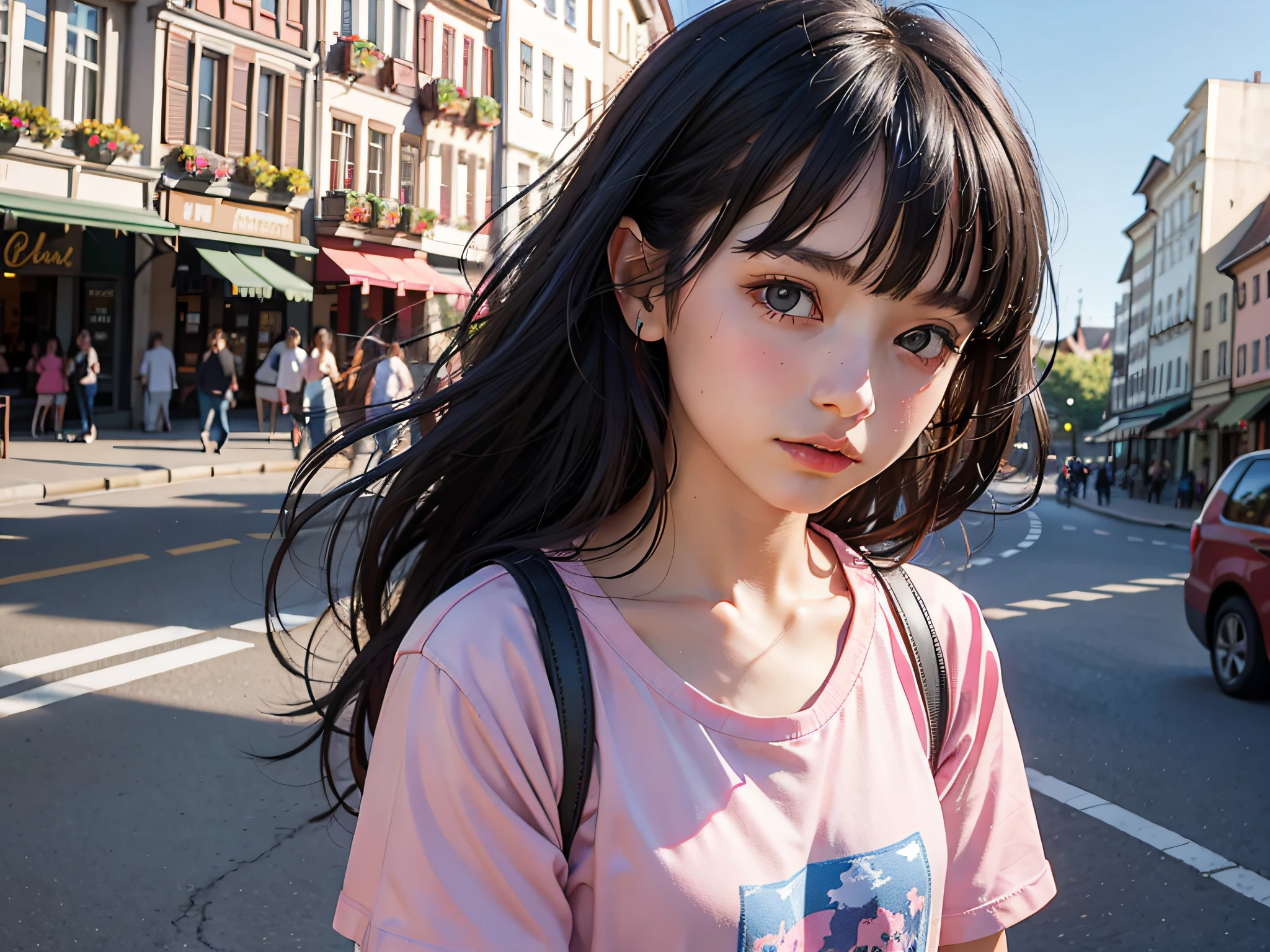 1.2)portrait of a little girl standing in front of a German city with a sad expression on her face, dressed in a pink t-shirt and blue jeans, with black hair and bangs. (Prompt B:1.2)The image should capture a sense of melancholy and nostalgia.