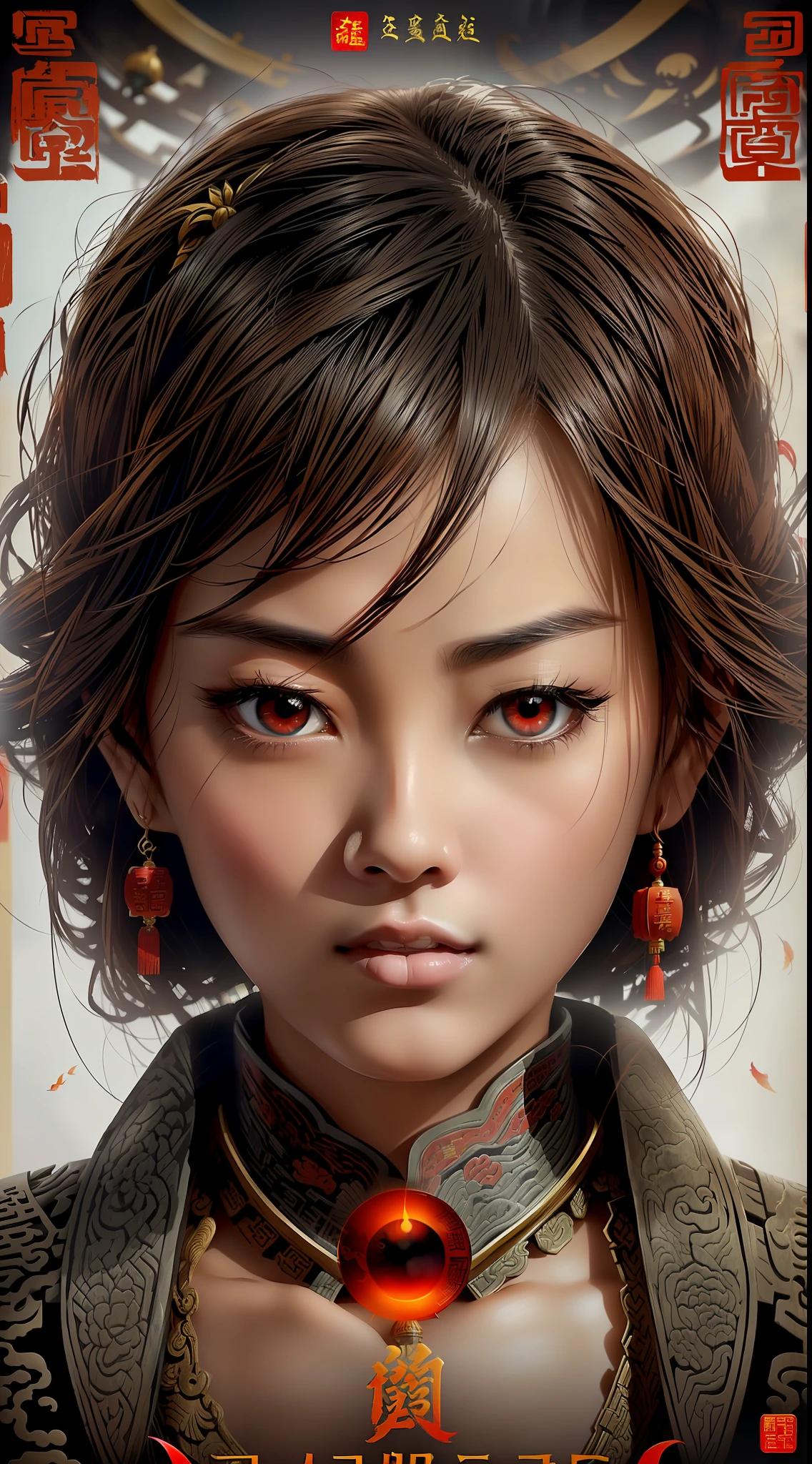(best quality, movie poster style), a beautiful woman with (one red eye:1.2),(meaningful chinese script writing:1.1), combining the elements perfectly together.