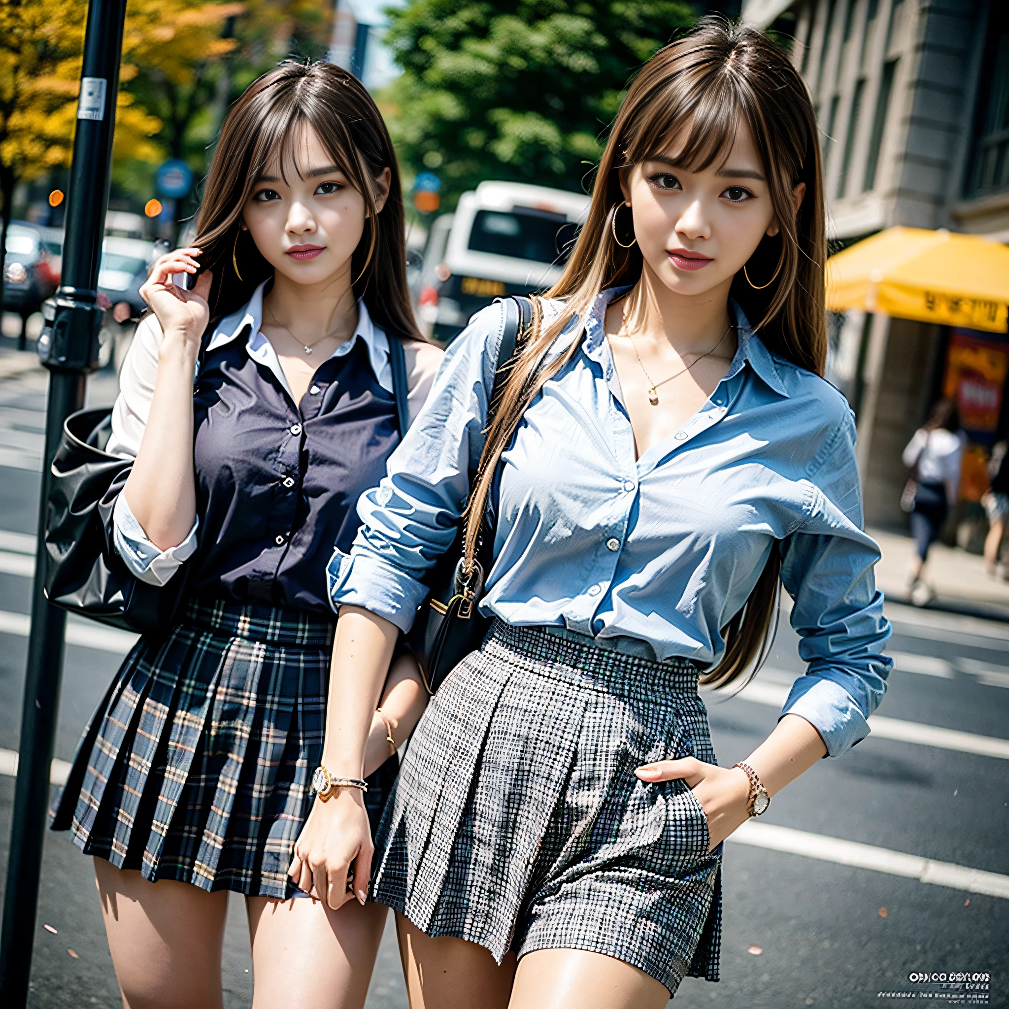 Masterpiece, Top Quality, Full Body, One Woman, Bangs, Blonde, Blue Skirt, Blush, Bracelet, Chest, Clothes Around the Waist, Clavicle, Collared Shirt, Cowboy Shot, Dress Shirt, Ear Piercing, Eyebrows Visible Through Hair, Gradient Hair, Grinning, Gal, Jewelry, Kogal, Long Hair, Viewer's Gaze, Piercing, Plaid, Plaid Skirt, Pleated Skirt, Red Eye, Ring, School Uniform, shirt, skirt, smile, solo, white shirt, street, sky, cherry blossom, petal, illustration, (magazine: 1.3), (cover style: 1.3), fashionable, woman, cheerful, outfit, pose, frontal, colorful, dynamic, background, element, confident, expression, holding, statement, accessory, majestic, coiled, around, touch, scene, text, cover, bold, attention, title, stylish, font, catchy, headline, big, impressive, modern, trendy, focusing, fashion,