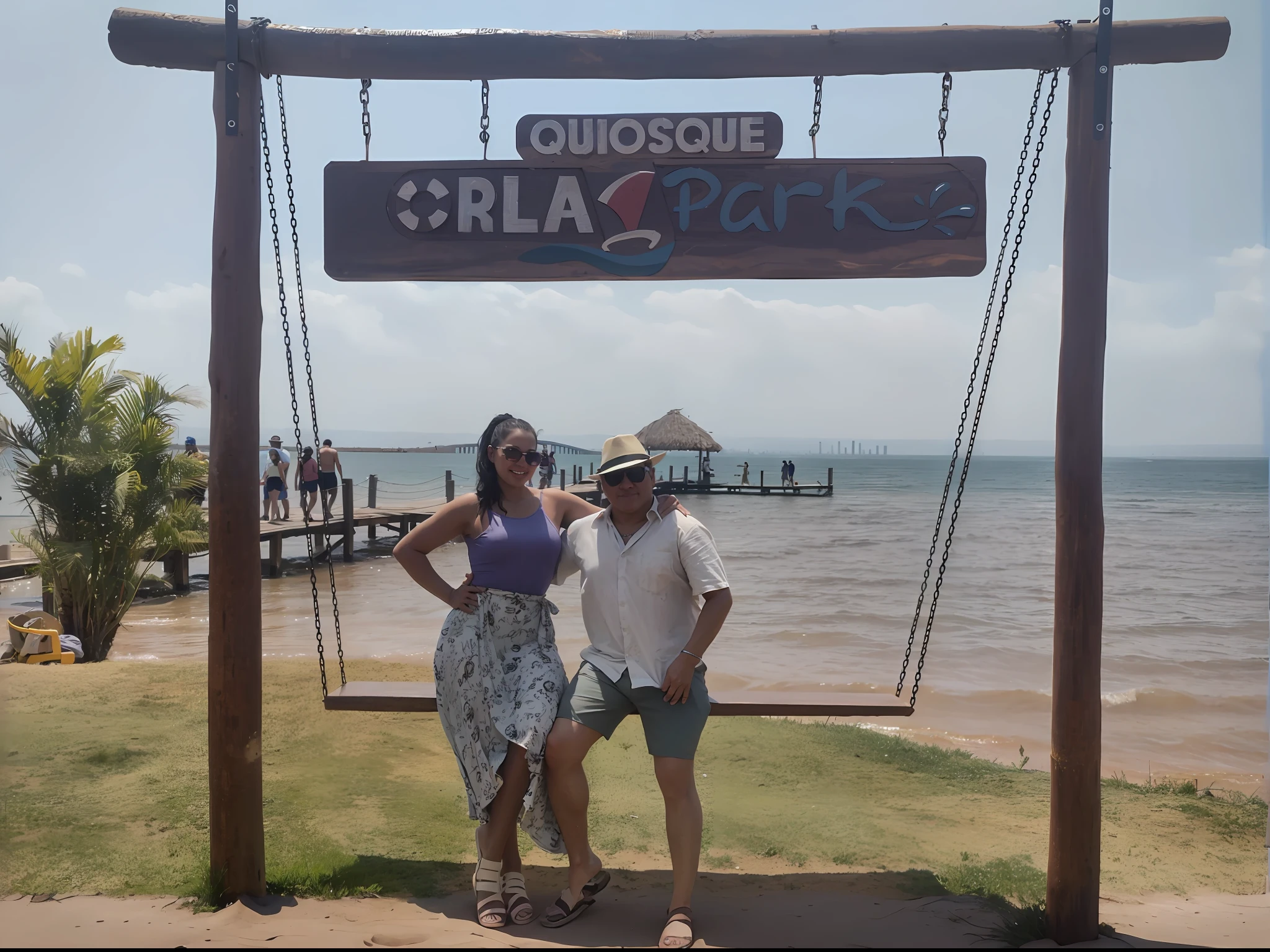 there are two people standing under a sign on the beach, photo, beach park in the background, , holiday photo, in chuquicamata, having fun, detailed 8k,