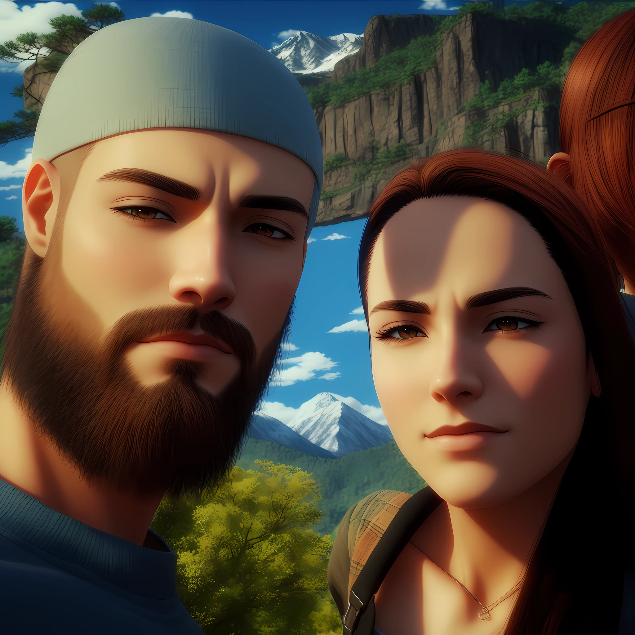 a bald man and a woman together, with mountains in the background, anime, realistic animation style