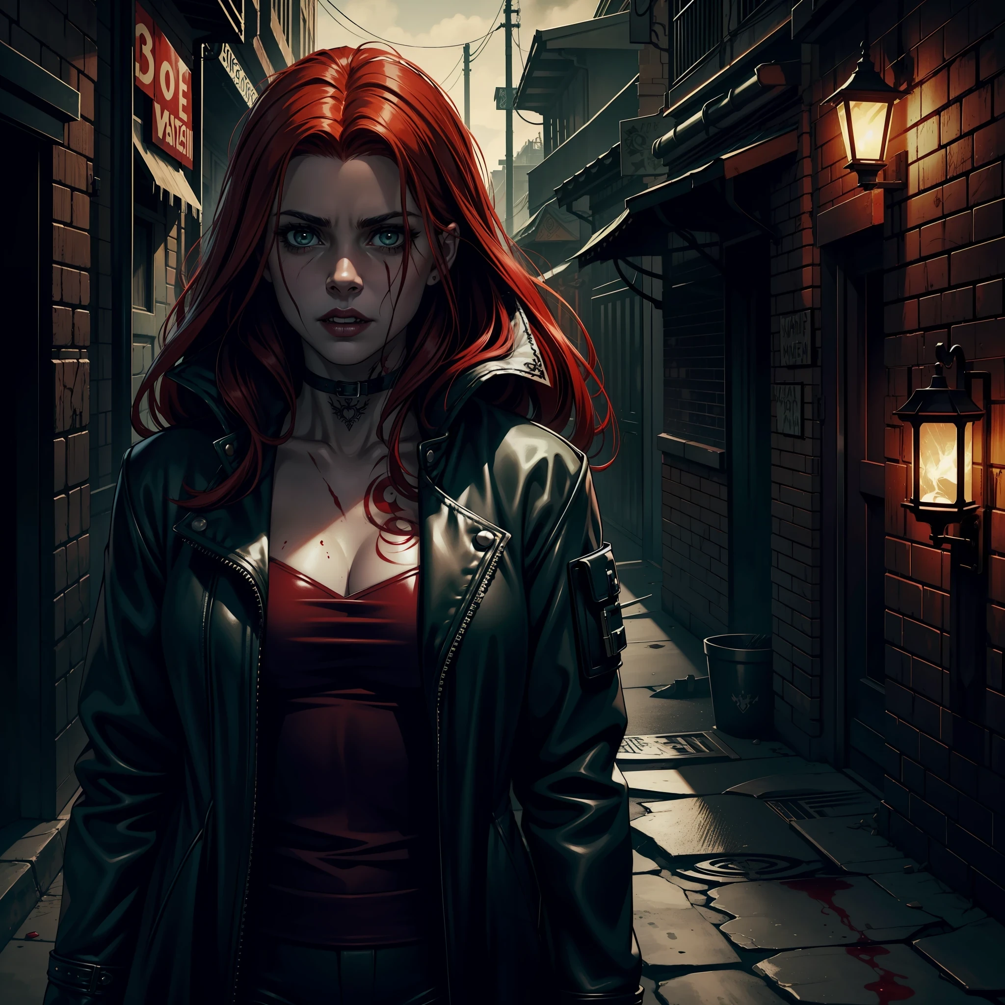 (extremely detailed 8k wallpaper), dark theme, Vampire the Masquerade, modern horror, 2020s, beautiful woman, wearing blood-stained leather coat, sharp focus, (subsuperficial scattering:1.1), award-winning photography, centered face, (Amy Adams' face), half-body photo:1.1, medium red hair, bright supernatural green eyes:1.2, lots of tattoos, psychopathic face, scary, in a dark alley at night, facing the beach, with a bloodied axe in his hand at night, dramatic lighting