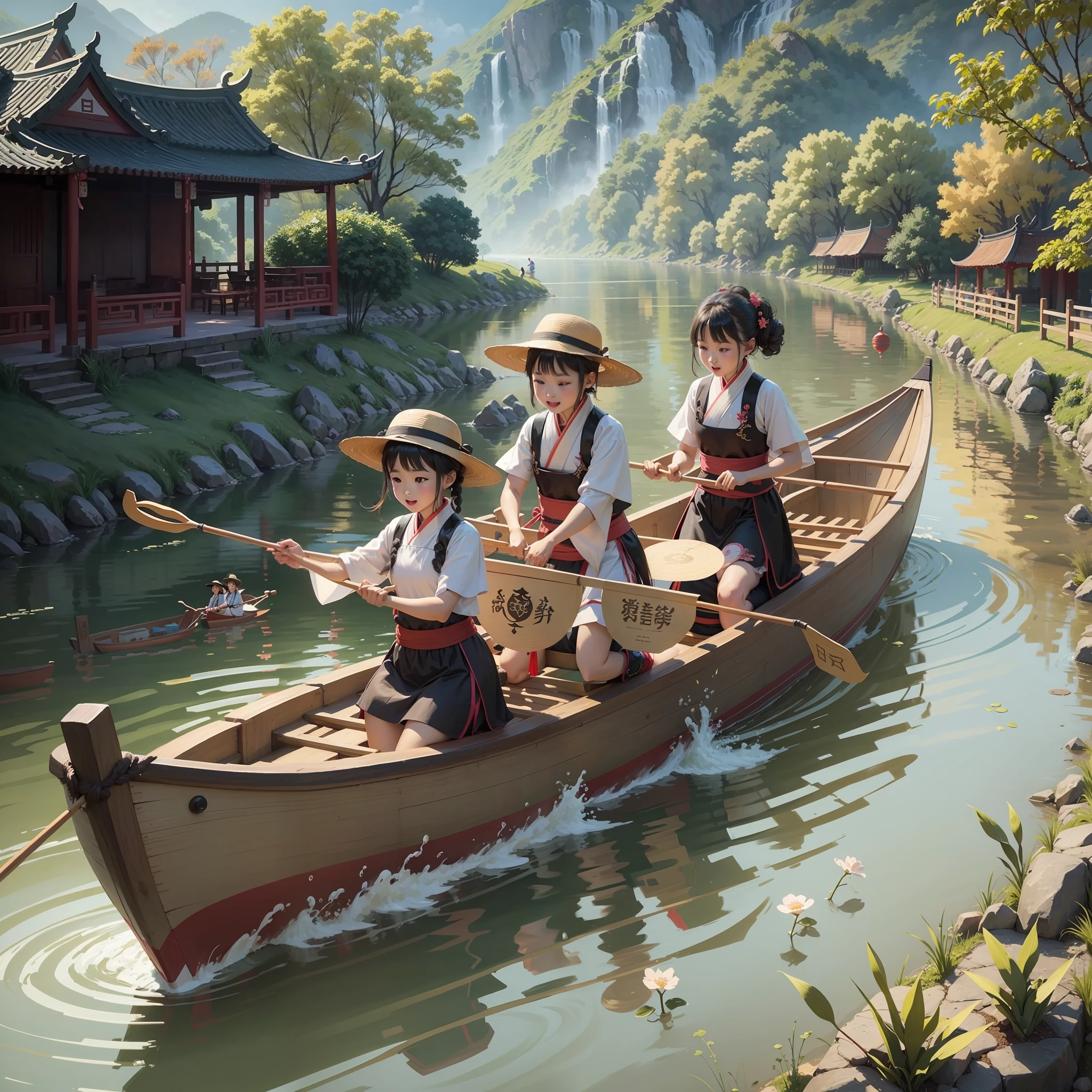 Cartoon drawing of people on dragon boat, cute girl in Hanfu, boy rowing dragon boat, Chinese dragon, spring outing, happy, dragon boat in the river, background is a small river interspersed in Chinese street, perfect quality, clear focus, colorful, perfect face, intricate details, super low viewing angle, poster illustration, poster design, illustration poster, festival, beautiful artwork illustration Dragon Boat Festival --auto --s2