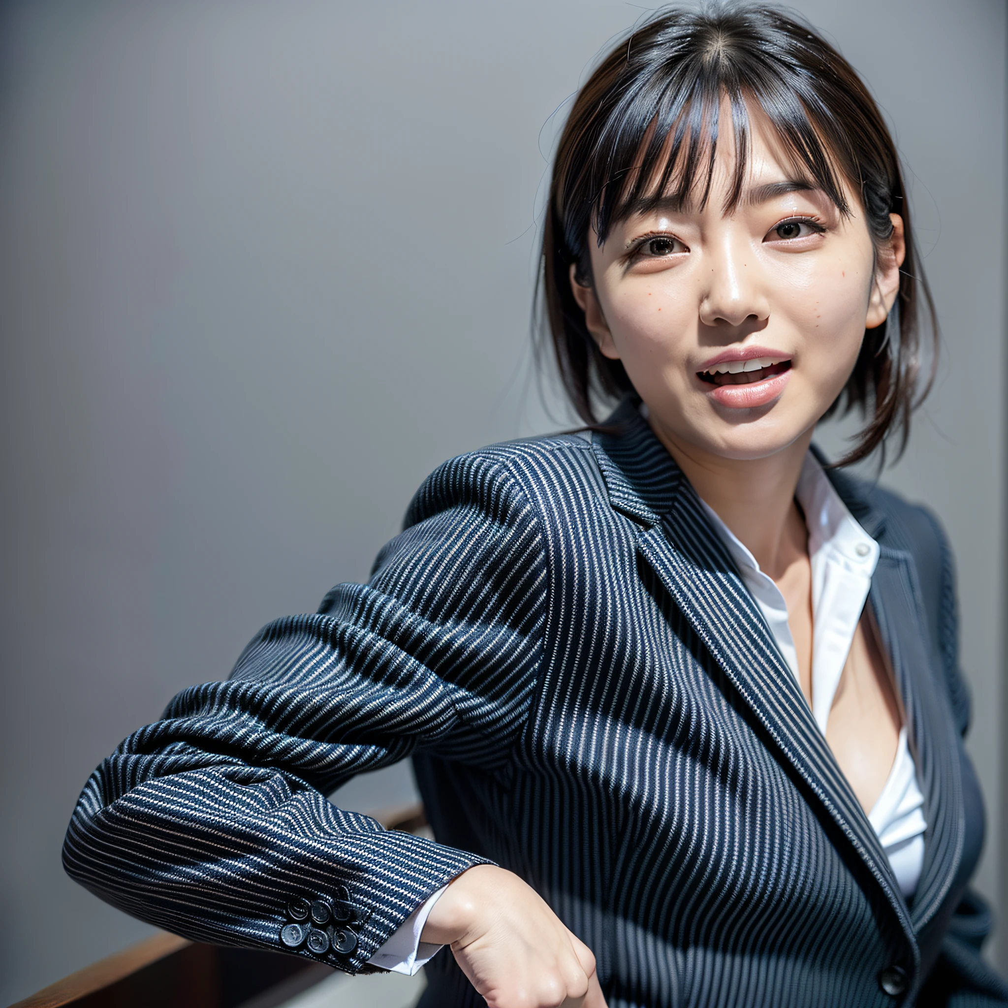 (best quality: 2.0), (real, photoreal: 1.37), (8k, RAW photo, masterpiece: 1.2), high-definition RAW color photo, professional photo, open mouth,conference room, random hair, (leaning forward, cleavage, japanese, shirtless, navy business jacket, white business skirt, black hair)