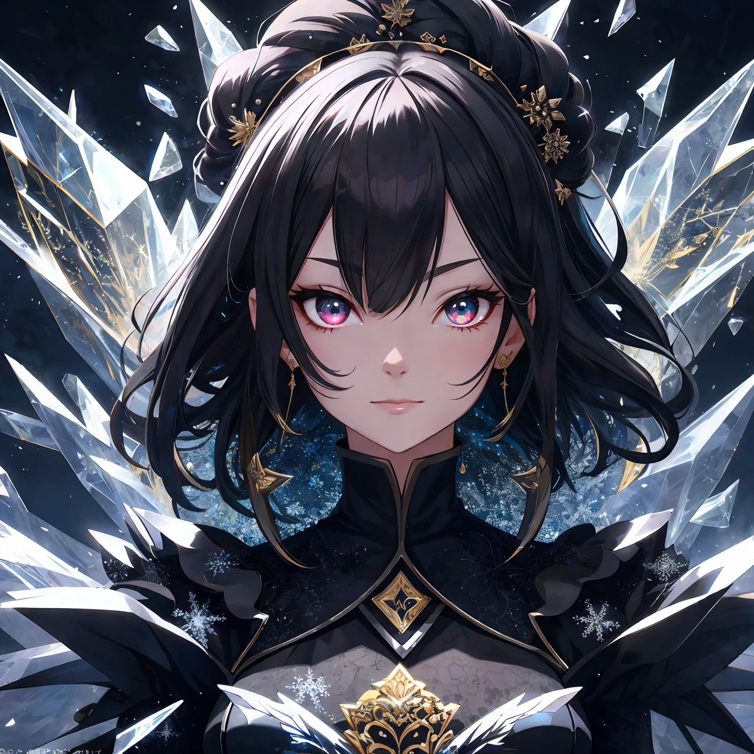 macro, anime style, a glorious void-infused black peony, frozen, frost coating, beads of condensation, crystal and sparks in the air, gilded, backdrop volumetric void-light, sublime, delicate, beautiful, intricate details, highly detailed, high-res, vivid color grading, composite lighting, dynamic composition, well drawn, crisp, sharp focus, glamour shot, realistic