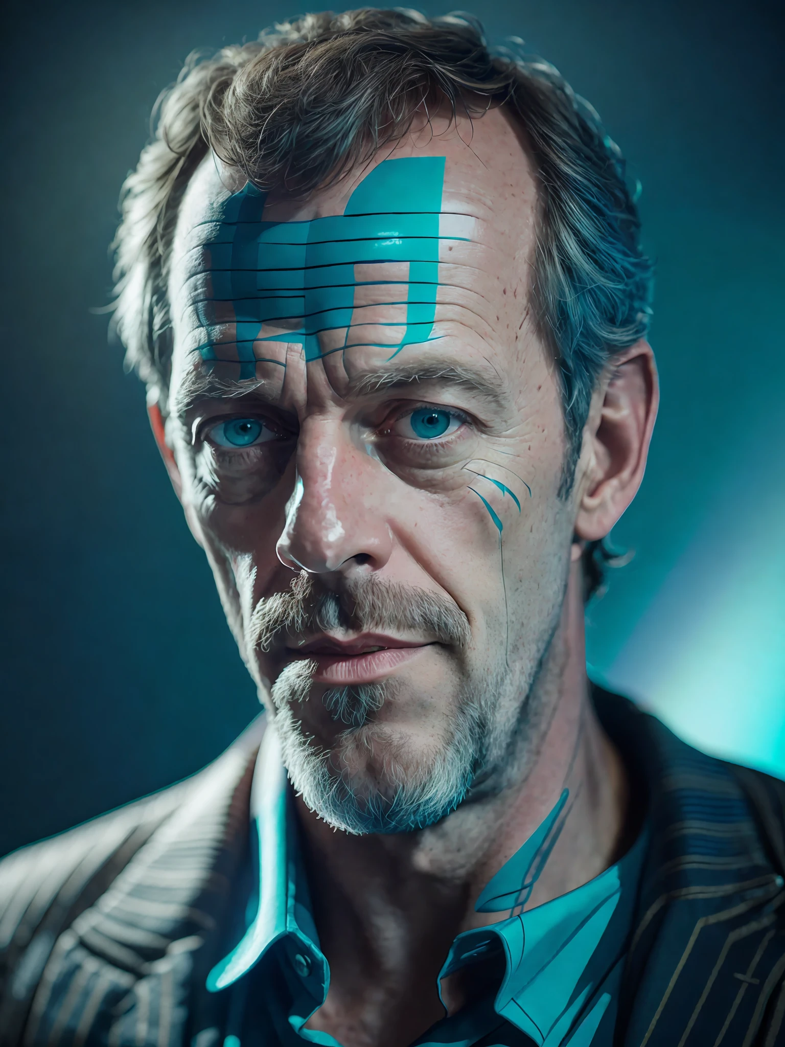 portrait of a award winning photo of hugh laurie posing in a dark studio, (rim lighting,:1.4) two tone lighting, sharp focus, teal hue, octane, unreal, dimly lit, low key,