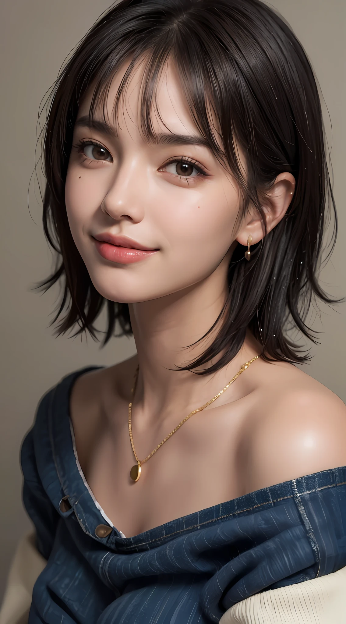 (top quality, 8k, masterpiece: 1.3), pretty woman with perfect figure: 1.4, dark brown hair, big, wearing pendants, torn shorts, sleeping in bedroom, very detailed face and skin, detailed eyes, double eyelids, top quality, masterpiece, (photorealistic: 1.4), one woman, golden ratio, high angle shot, upper eye care, low angle shot, perfect face, beautiful figure, cute face, face close-up, zoom in on face, short bob, short hair, smile from different angles, smile, gloss, highlight, gloss, glossy on skin, glossy on skin, wet skin, wet, bangs, cute smile, bust, off-shoulder, refreshing charm, elegant, perfect hands, smile from angle, smile, shiny, highlight, glossy skin, bangs, bust, big, Warm off-shoulder, refreshing charm, ears out, gaze to the camera, poses at different angles