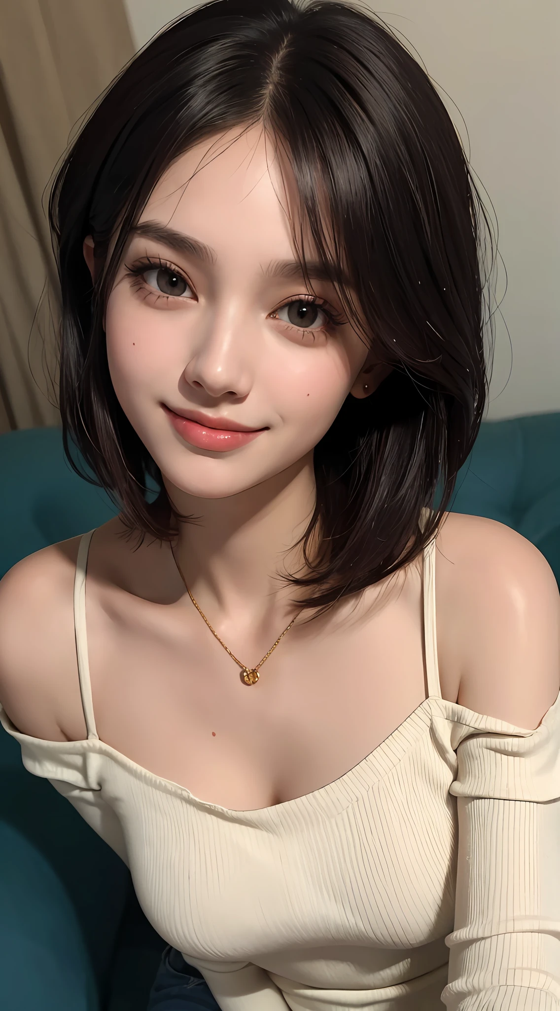(top quality, 8k, masterpiece: 1.3), pretty woman with perfect figure: 1.4, dark brown hair, big, wearing pendants, torn shorts, sleeping in bedroom, very detailed face and skin, detailed eyes, double eyelids, top quality, masterpiece, (photorealistic: 1.4), one woman, golden ratio, high angle shot, upper eye care, low angle shot, perfect face, beautiful figure, cute face, face close-up, zoom in on face, short bob, short hair, smile from different angles, smile, gloss, highlight, gloss, glossy on skin, glossy on skin, wet skin, wet, bangs, cute smile, bust, off-shoulder, refreshing charm, elegant, perfect hands, smile from angle, smile, shiny, highlight, glossy skin, bangs, bust, big, Warm off-shoulder, refreshing charm, ears out, gaze to the camera, poses at different angles
