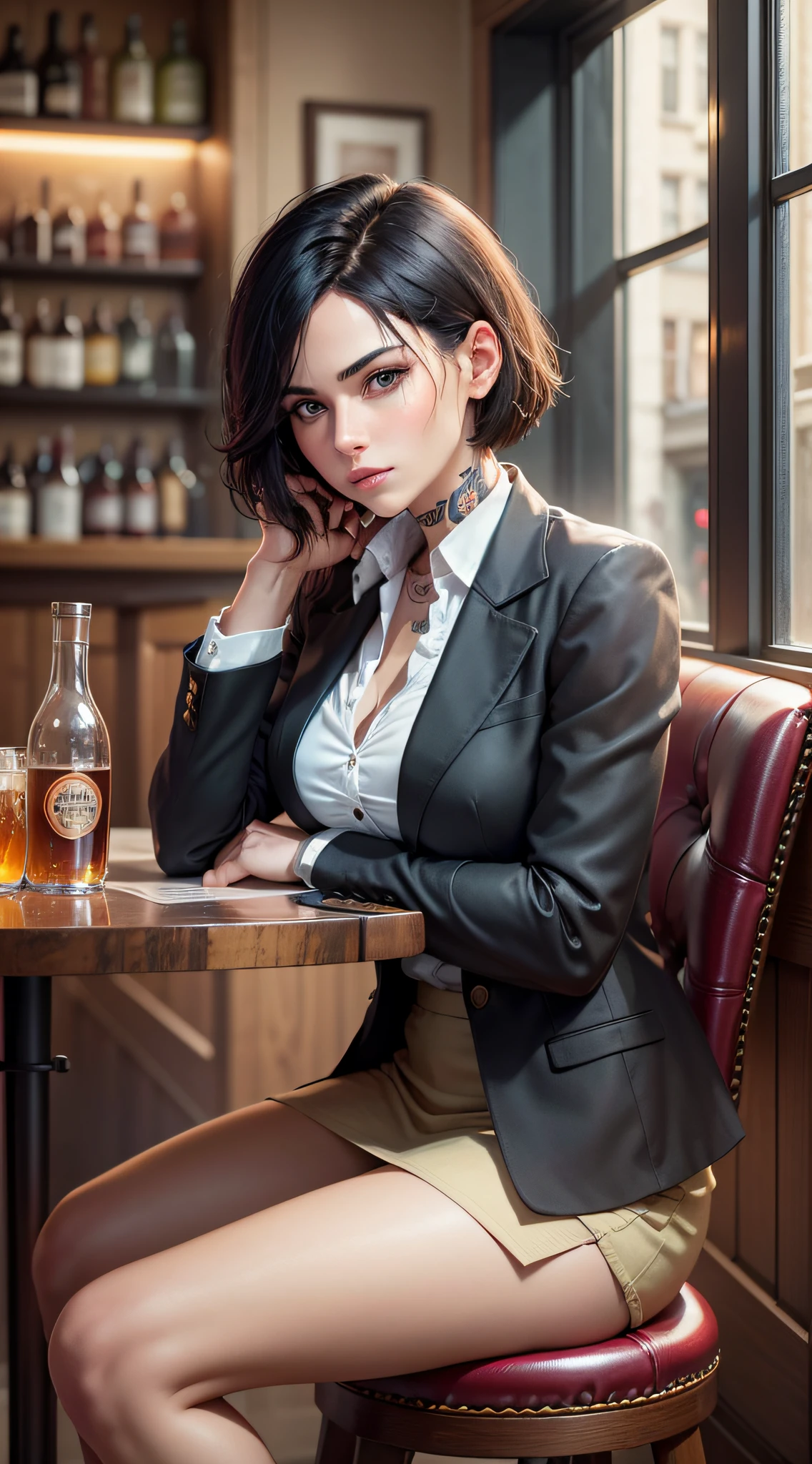 young woman 24 years old, sitting at a table in a bar reading a newspaper, with a serious face, vivid real black eyes, short black hair, with a burgundy blazer with buttons, realistic hands with tattoo on her right arm, is leaning on a table of mahogany bar, background image of a modern british bar style bar, with some bottles of whisk on the table, photorealistic, 12k, ultra realistic photo, real colors, vivid colors, high definition image