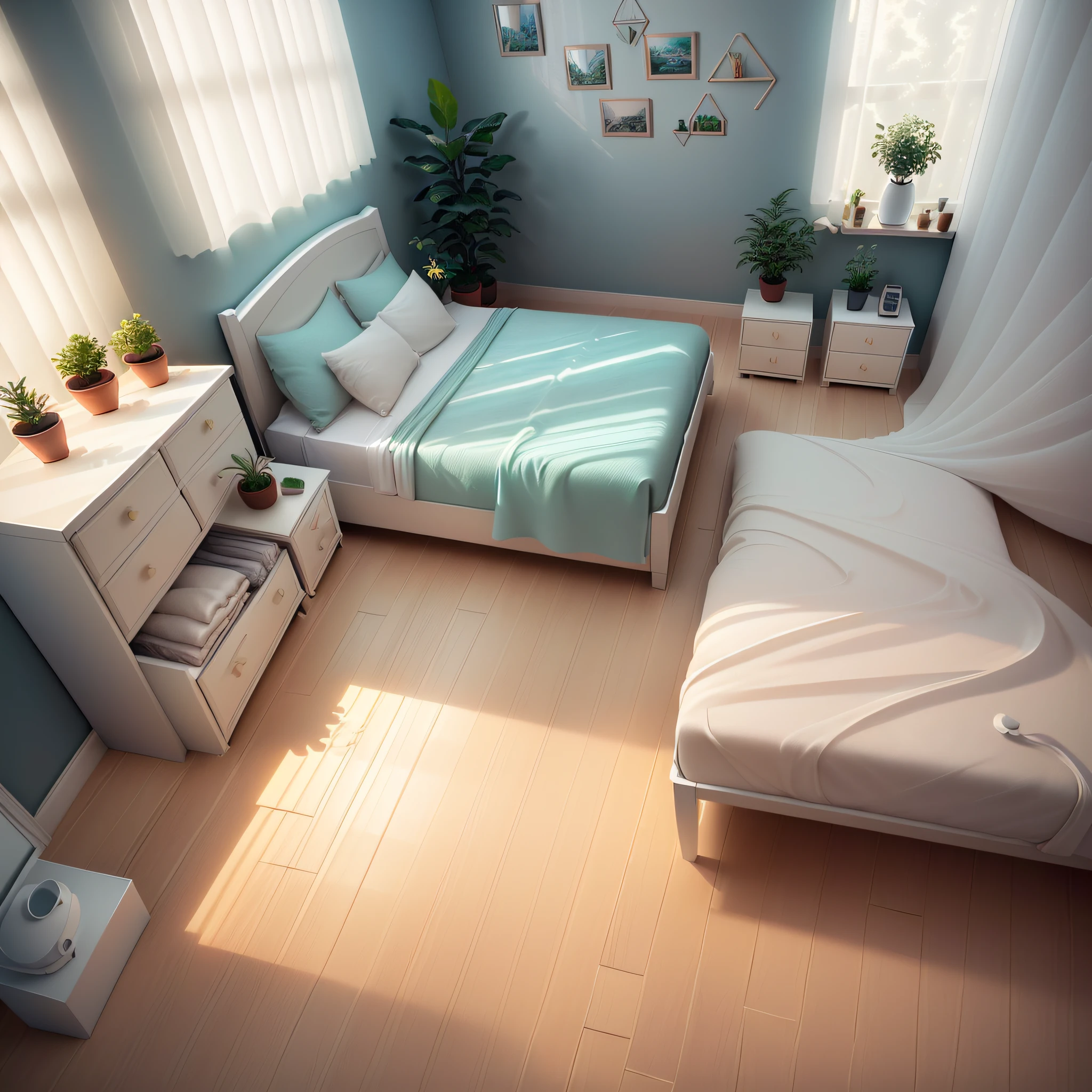 Isometric room, pure white background, best quality, ((low poly)), (very detailed CG unity 8k wallpaper), (best quality), (best illustration), (best shadows), ((bedroom )), Cream, Pastel, Light Curtains, Rugs, Wardrobe, Cotton Sheets, Wooden Furniture, Soft Lights, Plants, Paintings, Vases, Octane Rendering, Ray Tracing, Super Detailed