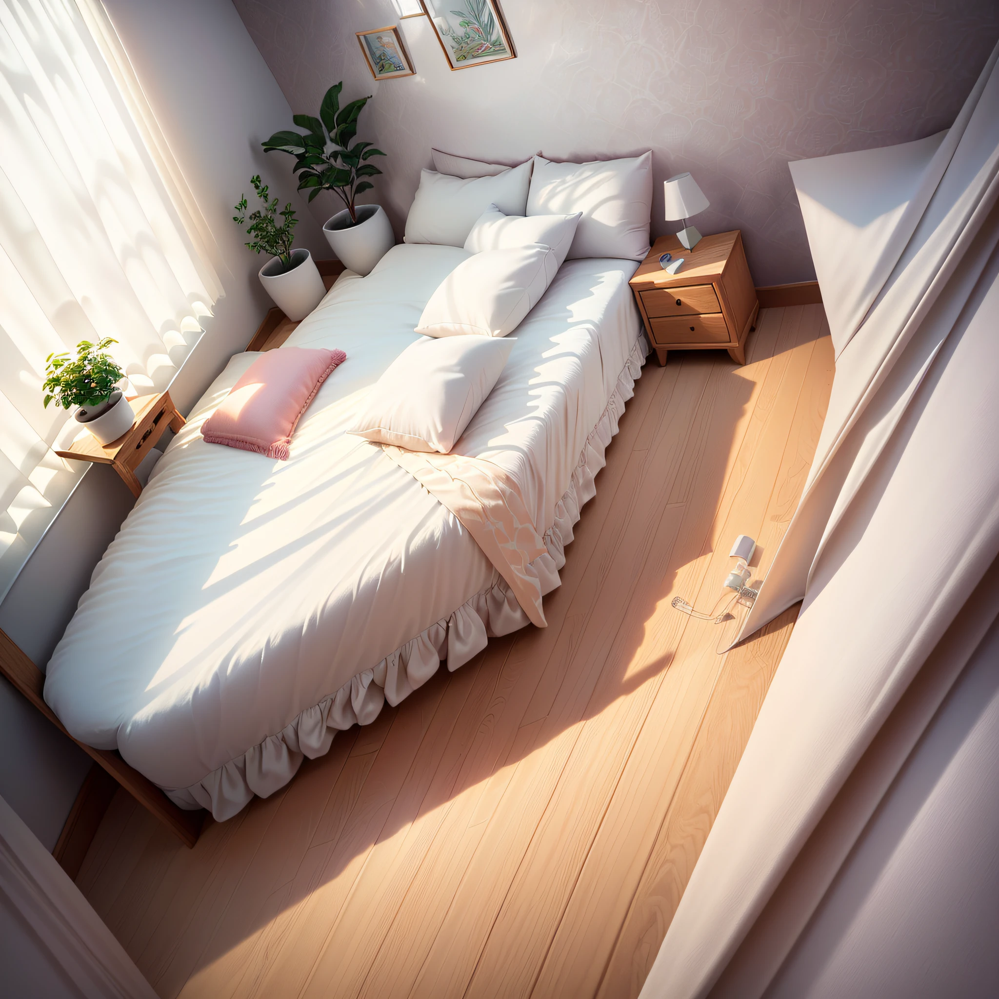 Isometric room, pure white background, best quality, ((low poly)), (very detailed CG unity 8k wallpaper), (best quality), (best illustration), (best shadows), ((bedroom )), Cream, Pastel, Light Curtains, Rugs, Wardrobe, Cotton Sheets, Wooden Furniture, Soft Lights, Plants, Paintings, Vases, Octane Rendering, Ray Tracing, Super Detailed