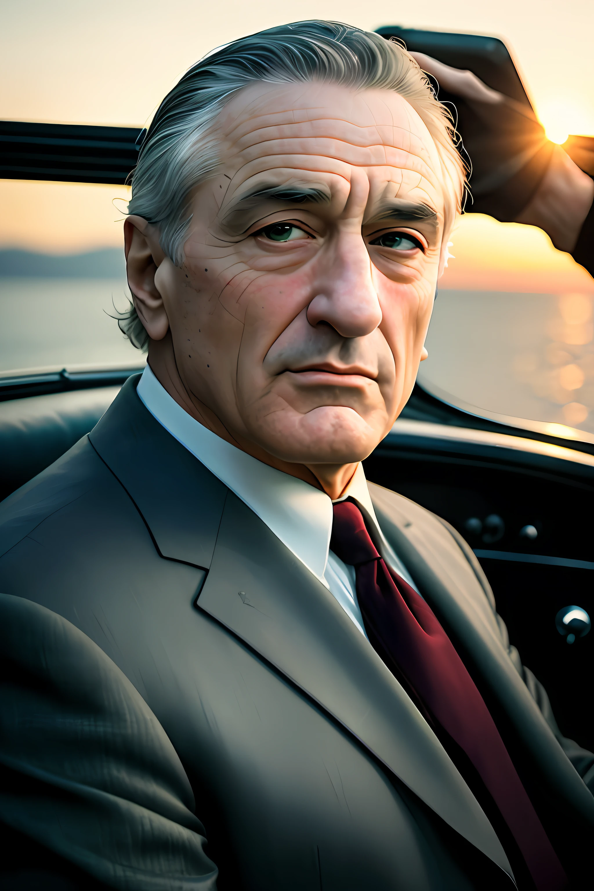 photo of Robert Di Niro, realistic skin texture, looks up, 8 5 mm art lens, f 1. 2, sharp focus, 8 k high definition, insanely detailed, intricate, elegant, art by stanley lau and artgerm, movie godfather, black suite, mafia, don corleone, in vintage car, 1950s, sunset,