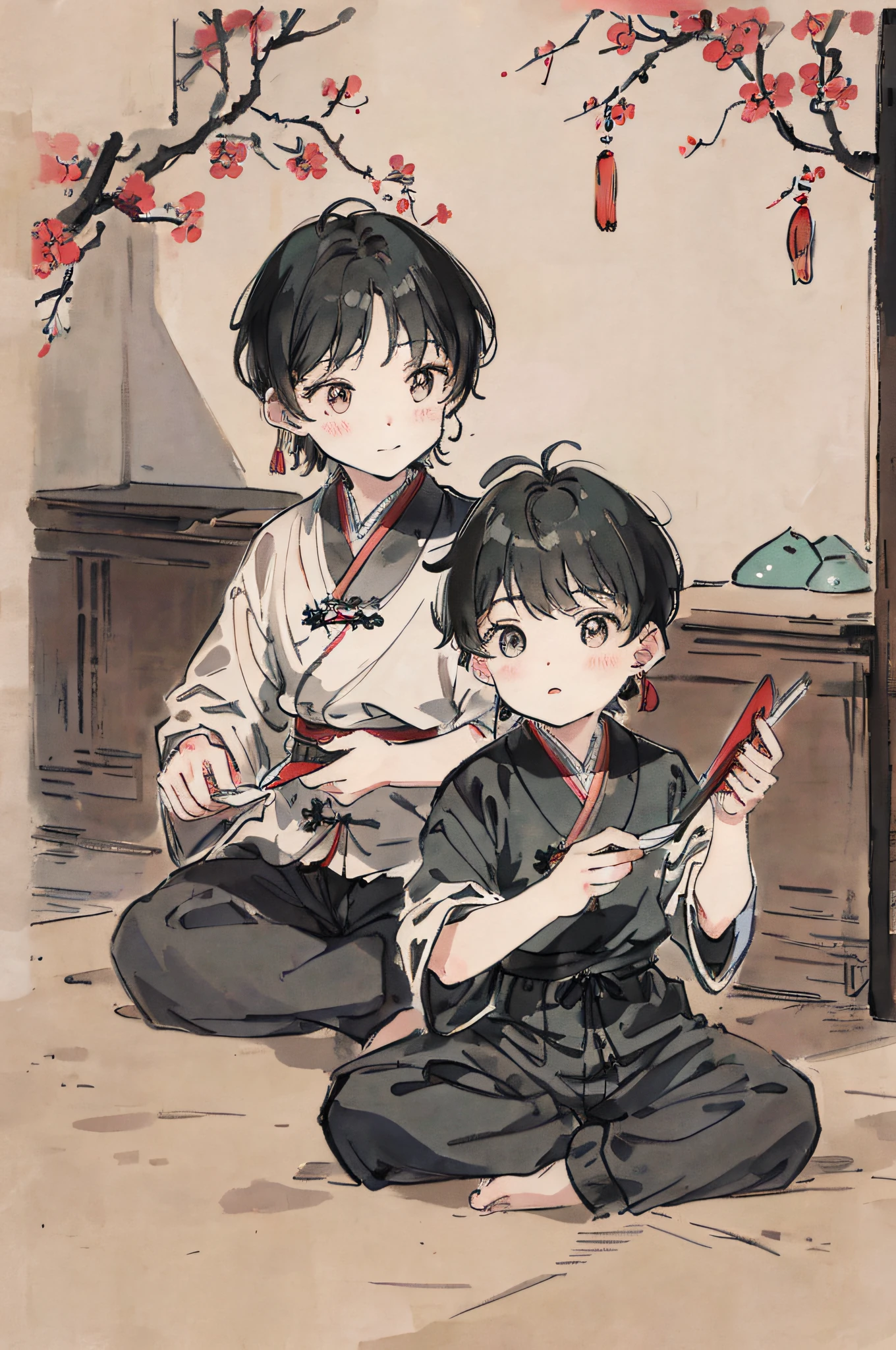 (masterpiece, best quality: 1.2), traditional Chinese ink painting, (two children:1.2),shuimobysim,shukezouma