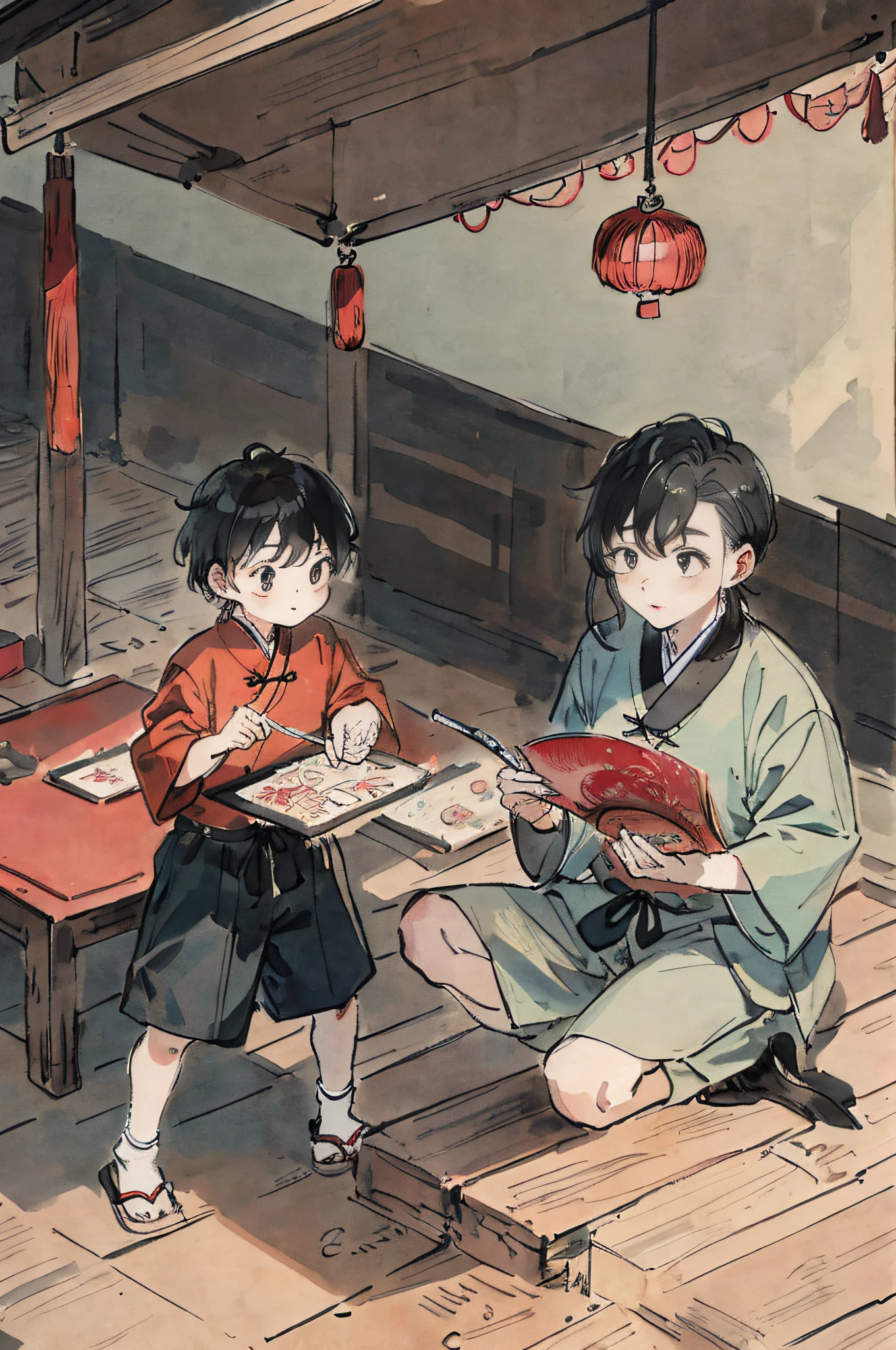(masterpiece, best quality: 1.2), traditional Chinese ink painting, (two children:1.2),shuimobysim,shukezouma