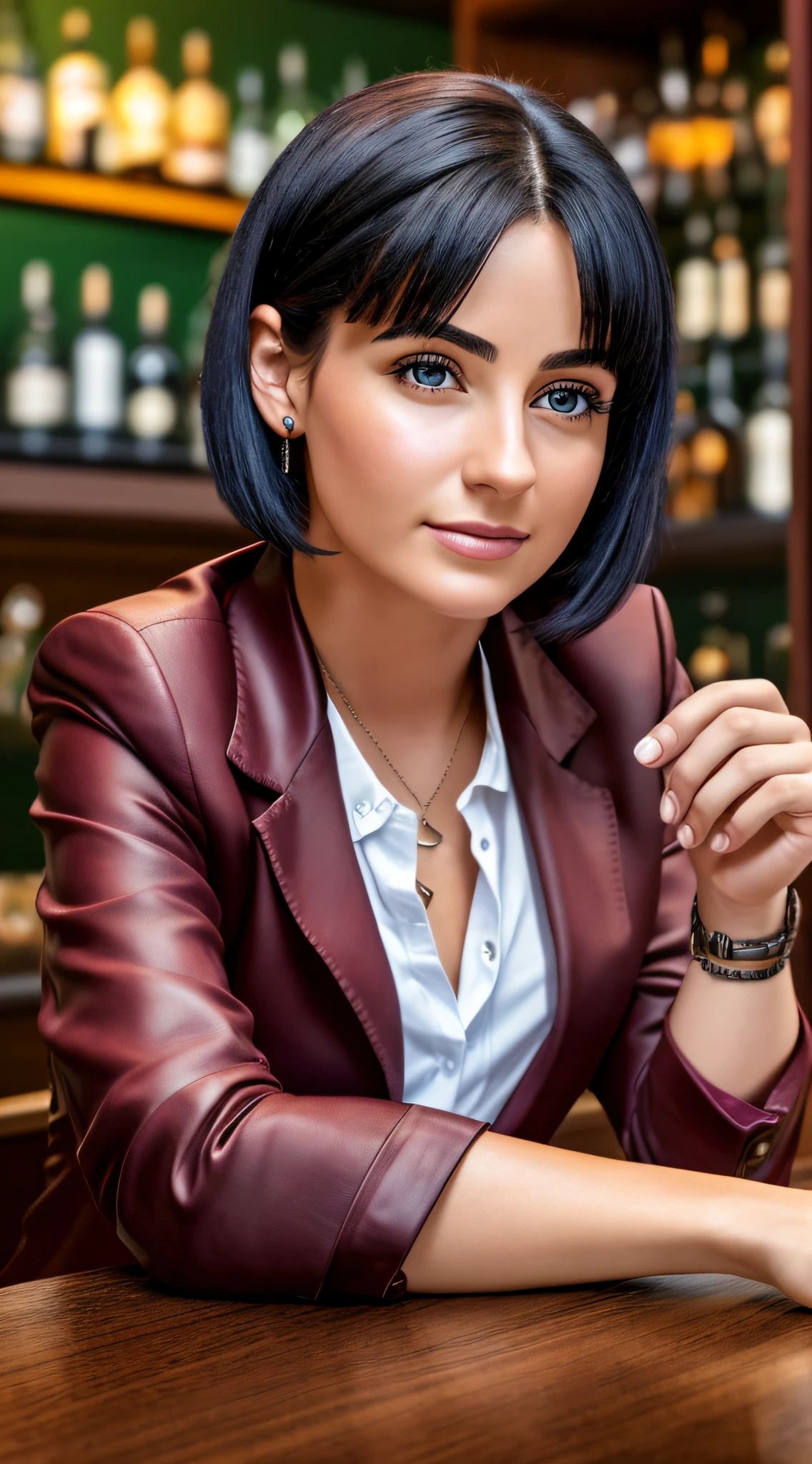 Young woman of 24 years, sitting at a table in a bar reading a newspaper, with a serious face, vivid real black eyes, short black hair, with a burgundy blazer with buttons, realistic hands with tattoo on the right arm, is leaning on a mahogany bar table, background image of a modern British bar,  with a few beater bottles on the table, photorealistic, 12k, ultra realistic photo, real colors, vivid colors, high definition picture