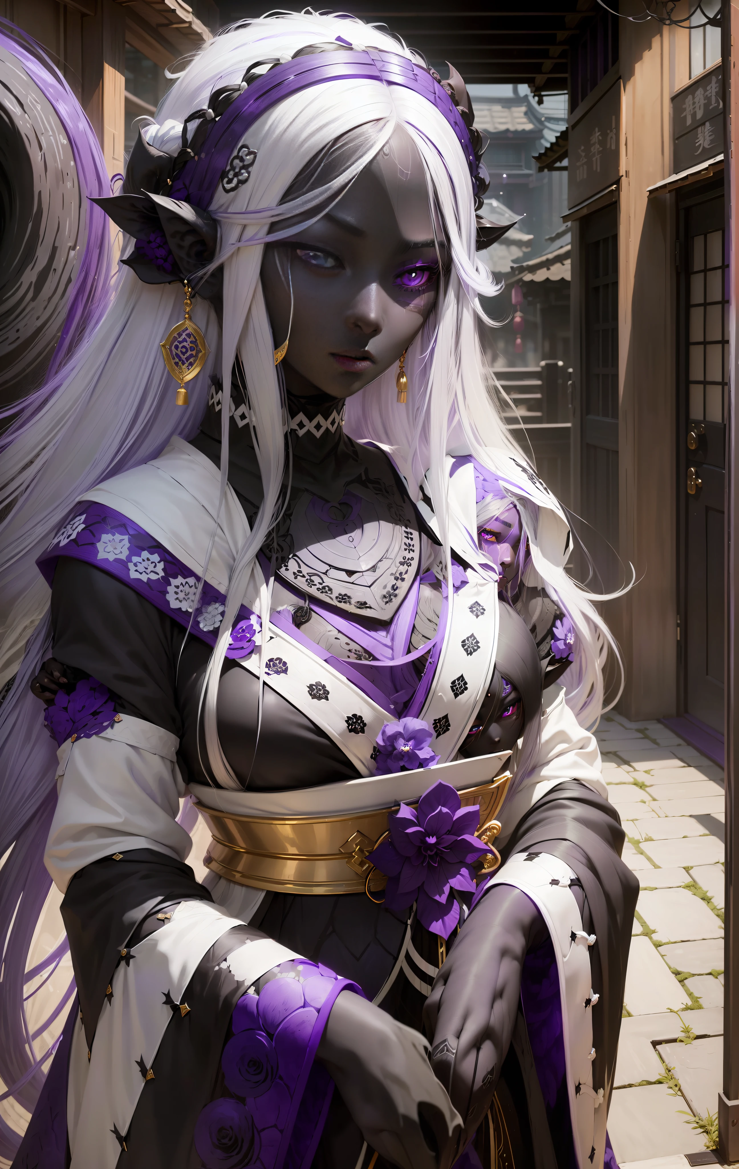 Young drow woman with long flowing white hair, (deep black skin:1.8), and (captivating deep violet eyes:1.6), dressed in traditional Japanese attire, gazing confidently at the viewer, amidst the hustle and bustle of a bustling feudal Japanese city.