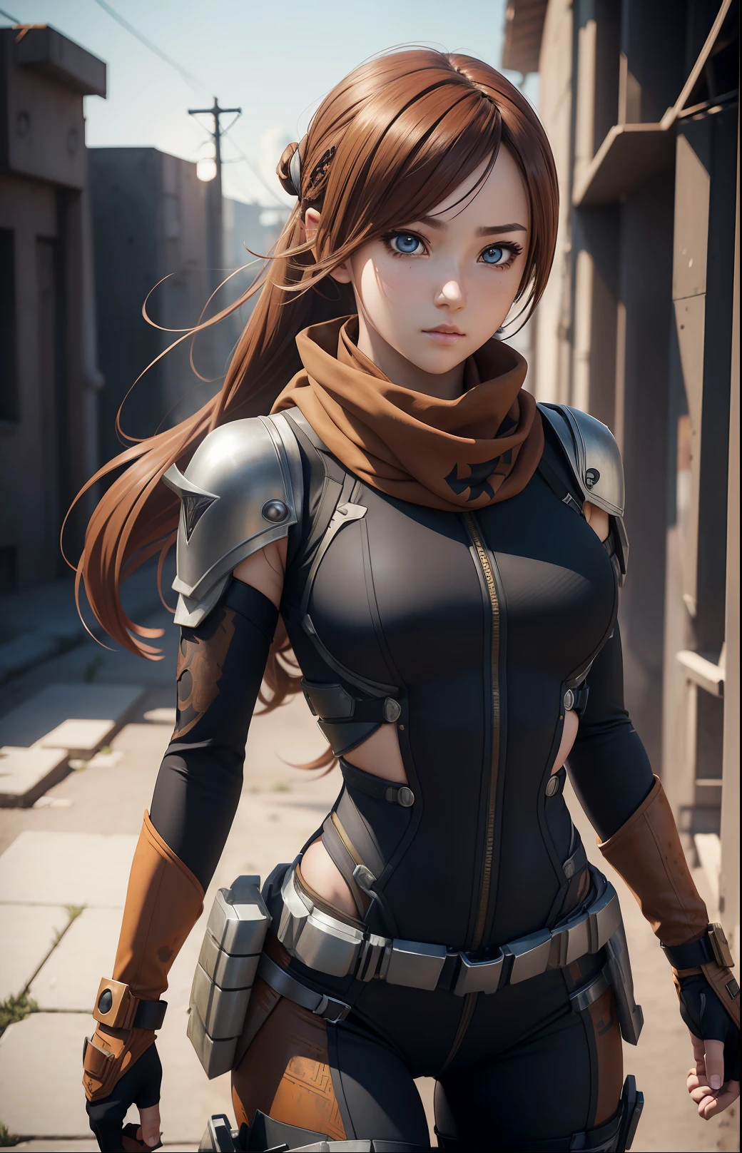 ((Waist half body)) Beauty anime girl /// (Character) wearing detailed combat body suit ((wheezy & rusty)) with scarf, upperbody shots, detailed skin, face sharp focus, detailed eyes and pupils, detailed hair, intricate details and sharp, masterpiece, global illumination, real shadow, bokeh, best quality, photorealistic, realistic, 8k