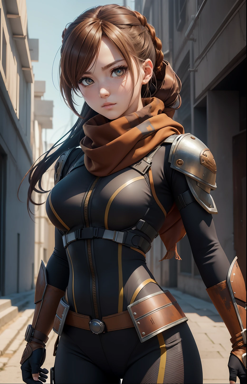 ((Waist half body)) Beauty anime girl /// (Character) wearing detailed combat body suit ((wheezy & rusty)) with scarf, upperbody shots, detailed skin, face sharp focus, detailed eyes and pupils, detailed hair, intricate details and sharp, masterpiece, global illumination, real shadow, bokeh, best quality, photorealistic, realistic, 8k