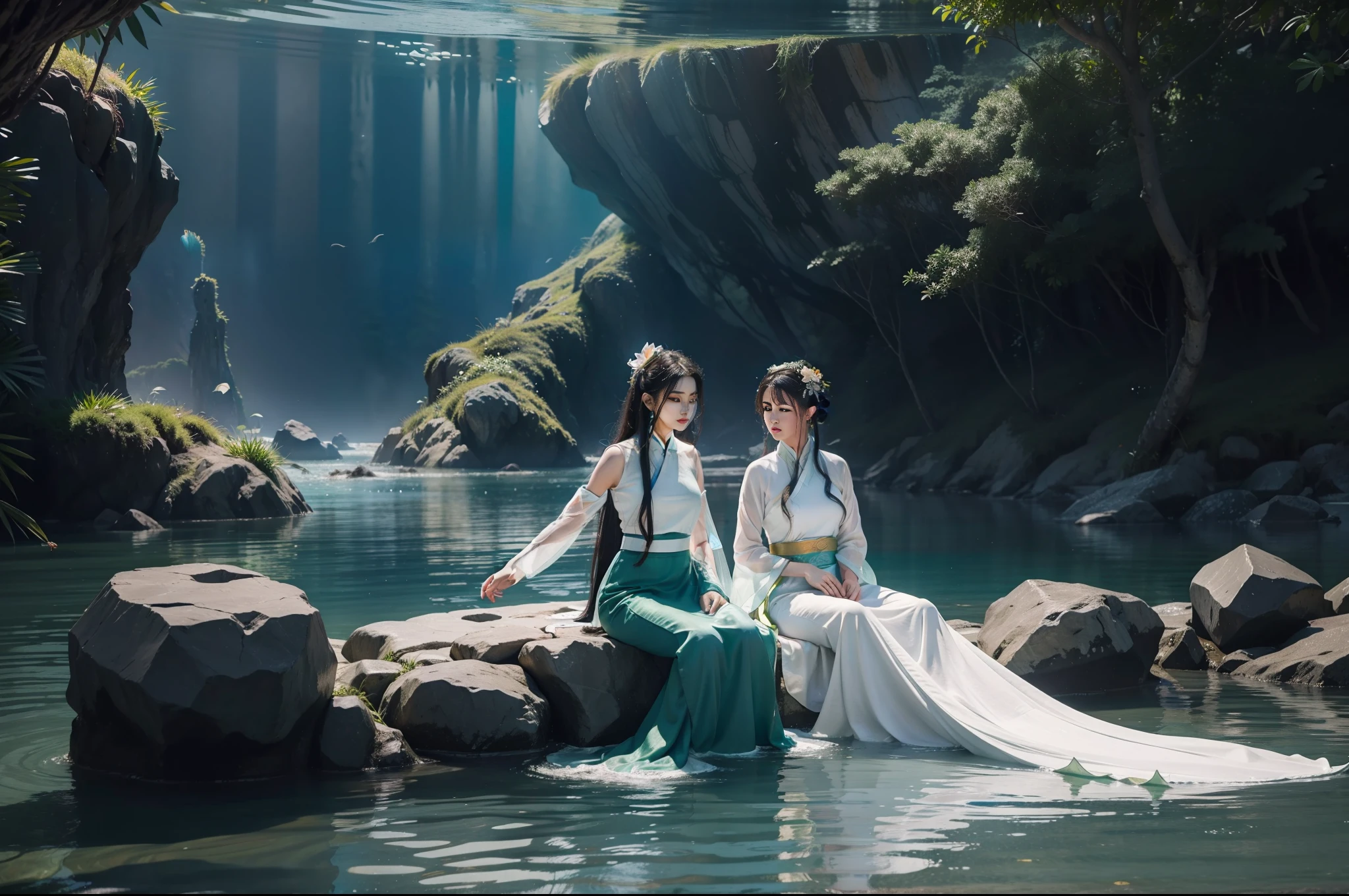 Two beauties digitally painted by mermaids, highly detailed film water and ocean palette, underwater, dressed without revealing their bodies, one wearing a white Hanfu long skirt, the other wearing a dark green Hanfu long skirt, they sit on a huge stone on the shore of West Lake and lean on each other, white huge lotus flower, ancient Chinese towers in the distance, exquisite facial details, spotlights, perfect composition, surreal, ultra-detailed, 8k, high quality, clear focus, intricate details, highly detailed, dynamic lighting, detailed and complex environment,