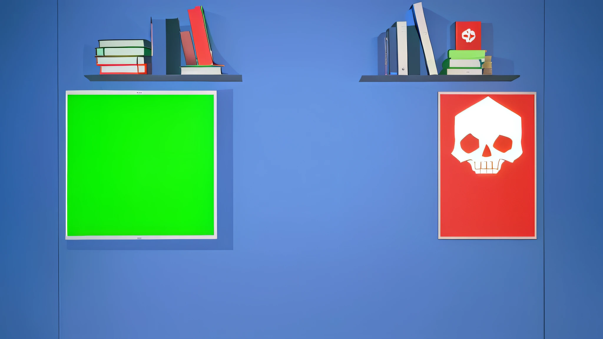 there are two bookshelves with a skull and a green screen, green screen background, library background, office background, classroom background, personal room background, corporate animation style, animation style render, virtual set, photograph of 3d ios room, plain studio background, green blue red colors, library interior background, background = library, green screen, background(solid)