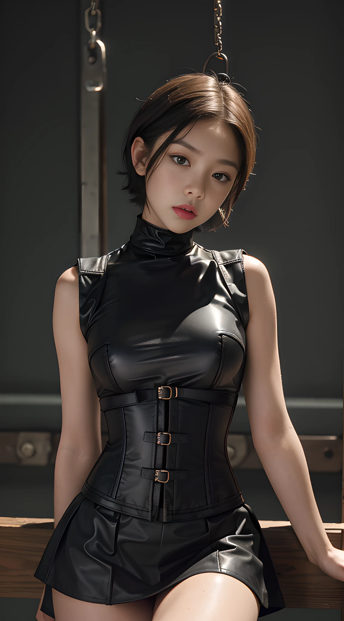 (in prison cell), woman with a whip, ((top quality, 8k, masterpiece: 1.3)), crisp focus: 1.2, beautiful woman with perfect figure: 1.4, slender abs: 1.2, ((layer cut, big: 1.2)), (rain, street: 1.2), wet body: 1.5, highly detailed face and skin texture, detailed eyes, very short hair, studio,BDSM,slave,rubber, Black Corset, Bondage, Skirt, High Neck