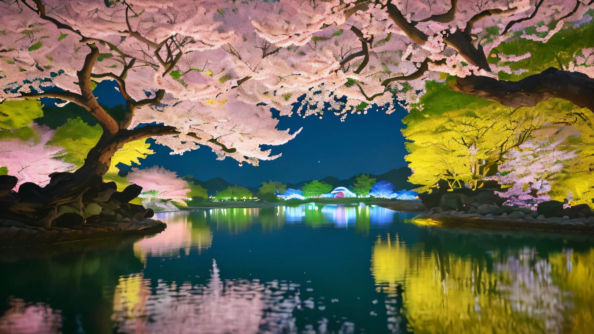 It is a colorful and vivid landscape painting that depicts the beauty of West Lake at night, illuminated and spring. The water is calm, with the surrounding trees and flowers reflecting off its mirror-like surface. Birds chirp and chirp, creating a lively atmosphere. The trees are in full bloom with pink and white cherry blossoms, and the contrast with the green is spectacular. The atmosphere is cheerful and cheerful, reminiscent of the famous poem "Spring Night of West Lake" (西湖の春夜). Using traditional Chinese ink and watercolor techniques, the work focuses on capturing the natural beauty of vibrant colors and landscapes. --ar 16:9--v 4