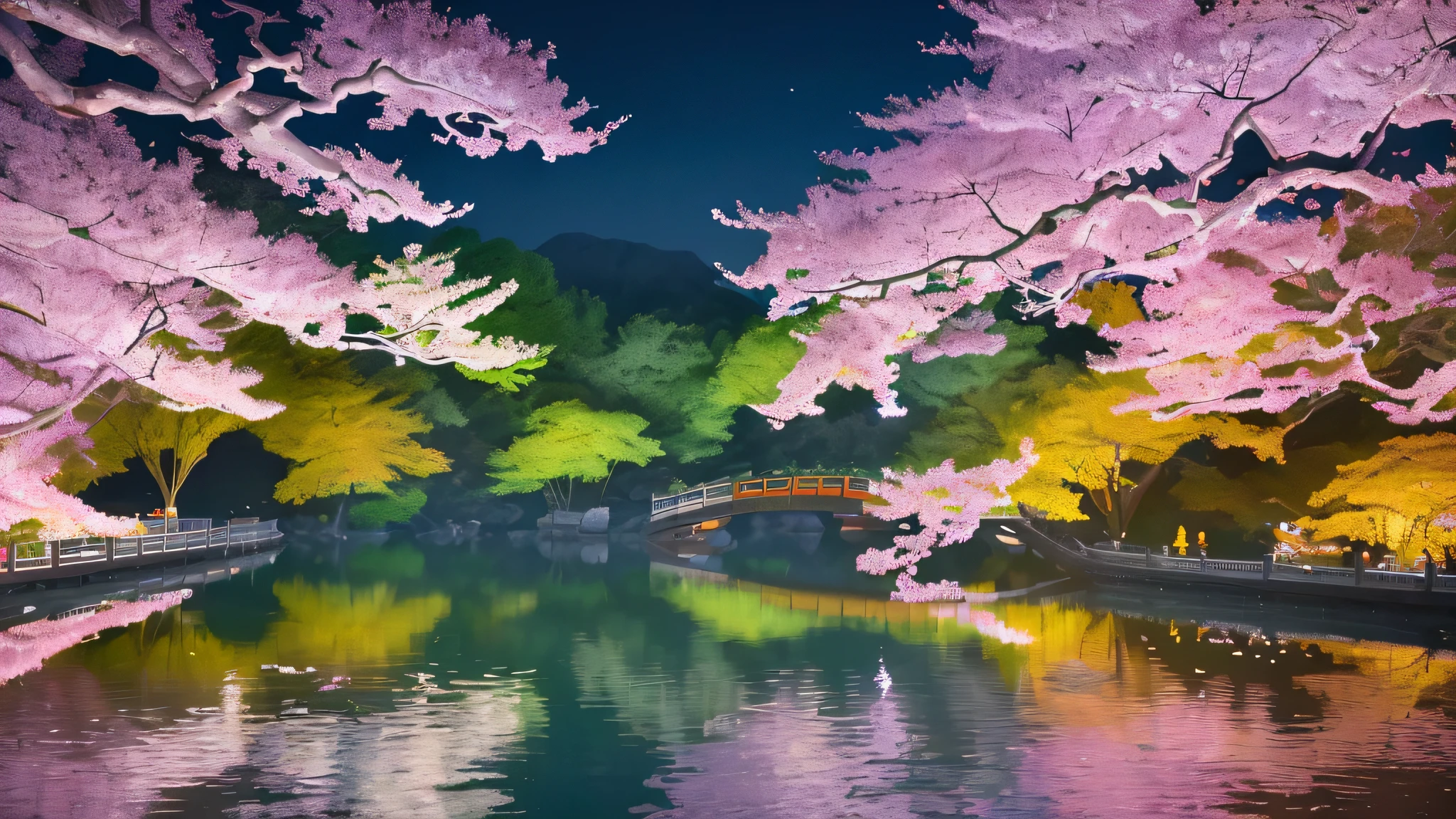 It is a colorful and vivid landscape painting that depicts the beauty of West Lake at night, illuminated and spring. The water is calm, with the surrounding trees and flowers reflecting off its mirror-like surface. Birds chirp and chirp, creating a lively atmosphere. The trees are in full bloom with pink and white cherry blossoms, and the contrast with the green is spectacular. The atmosphere is cheerful and cheerful, reminiscent of the famous poem "Spring Night of West Lake" (西湖の春夜). Using traditional Chinese ink and watercolor techniques, the work focuses on capturing the natural beauty of vibrant colors and landscapes. --ar 16:9--v 4