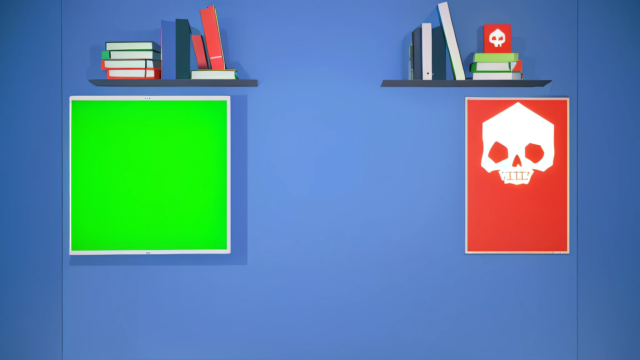 there are two bookshelves with a skull and a green screen, green screen background, library background, office background, classroom background, personal room background, corporate animation style, animation style render, virtual set, photograph of 3d ios room, plain studio background, green blue red colors, library interior background, background = library, green screen, a computer rendering