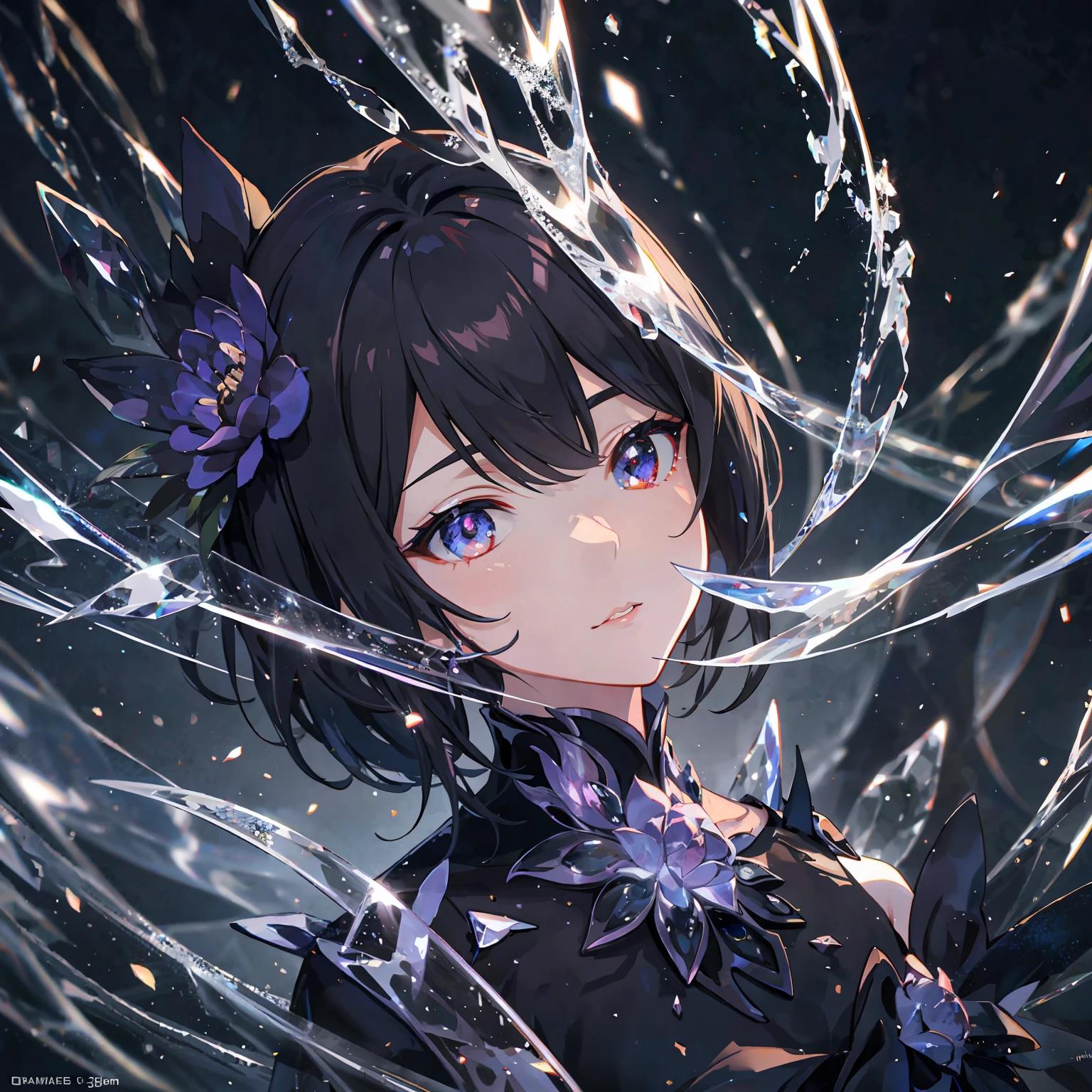 macro, anime style, a glorious void-infused black peony, frozen, frost coating, beads of condensation, crystal and sparks in the air, gilded, backdrop volumetric void-light, sublime, delicate, beautiful, intricate details, highly detailed, high-res, vivid color grading, composite lighting, dynamic composition, well drawn, crisp, sharp focus, glamour shot, realistic