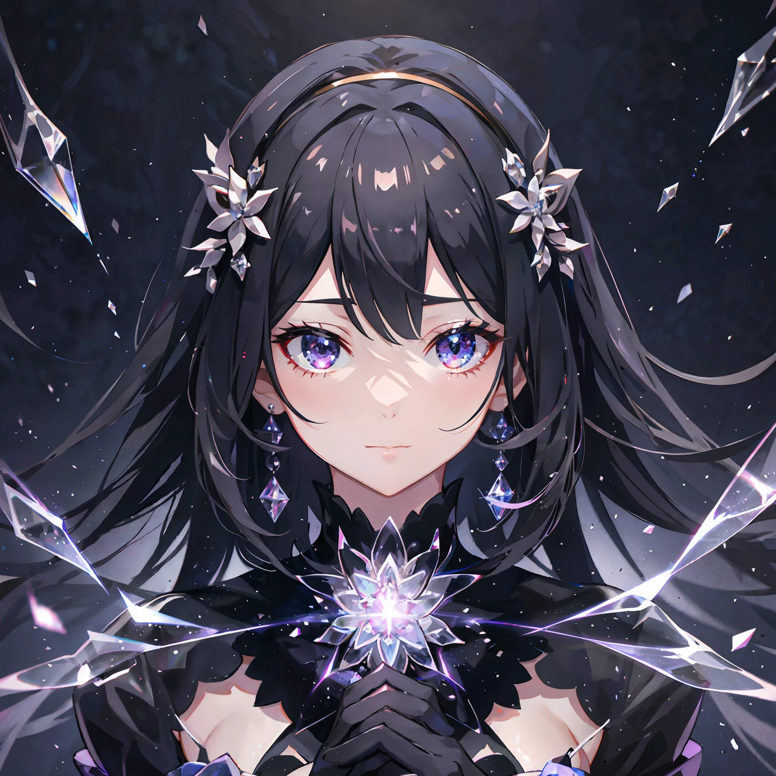 macro, anime style, a glorious void-infused black peony, frozen, frost coating, beads of condensation, crystal and sparks in the air, gilded, backdrop volumetric void-light, sublime, delicate, beautiful, intricate details, highly detailed, high-res, vivid color grading, composite lighting, dynamic composition, well drawn, crisp, sharp focus, glamour shot, realistic
