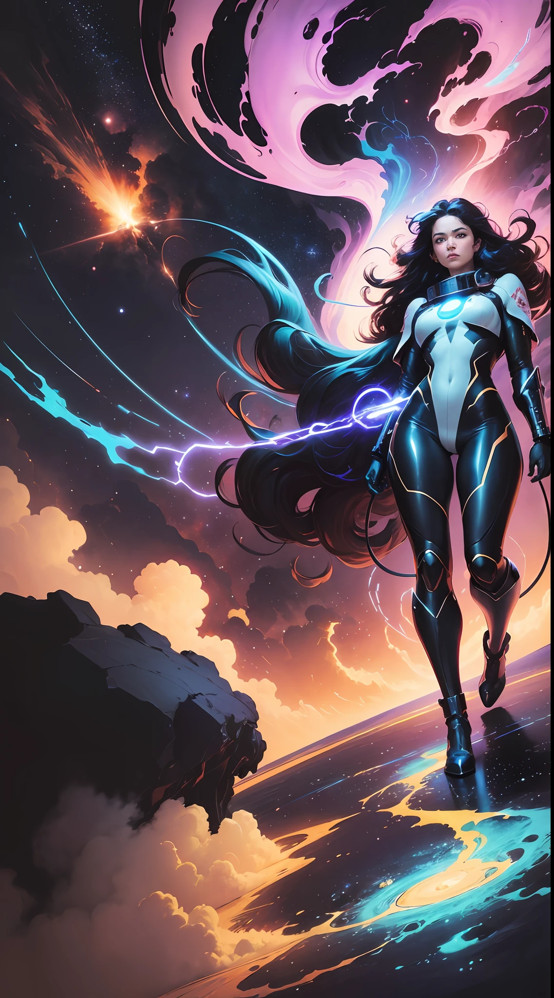 I floated in the center of the maelstrom, one that took on the qualities of a melange of neon polyester patterns. Globs of electric plasma spun around me. How I would escape from this I did not know. My space suit only had 30 minutes of air left and I was struggling to repair the space capsule’s life support :: vibrant analogous colors from deep black to the brightest white, hyperrealistic, cinematic, epic space opera, moody, dramatic, dynamically foreshortened, wide camera angle, in the style Frank Frazetta, James Jean, Ashley Wood, Jean Giraud, Milo Manara --auto --s2