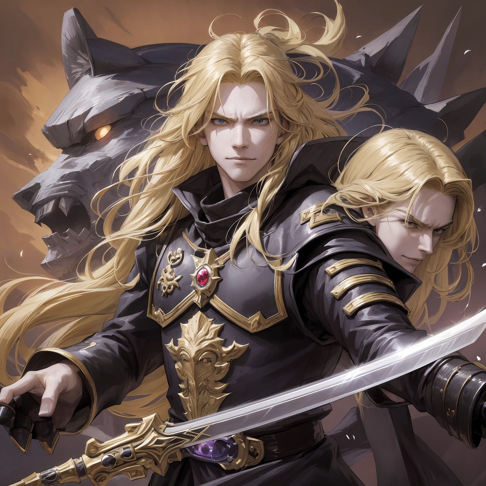 anime, long blonde hair, male, sad face, pointing, wearing a paw, gauntlet sword, black clothes, black overcoat, dark, gothic, sarcastic smile, furious, arms outstretched, holding a gauntlet sword paw, cold, shadow powers, frozen place, next to a giant made of shadows, shadows, dark giant, dark