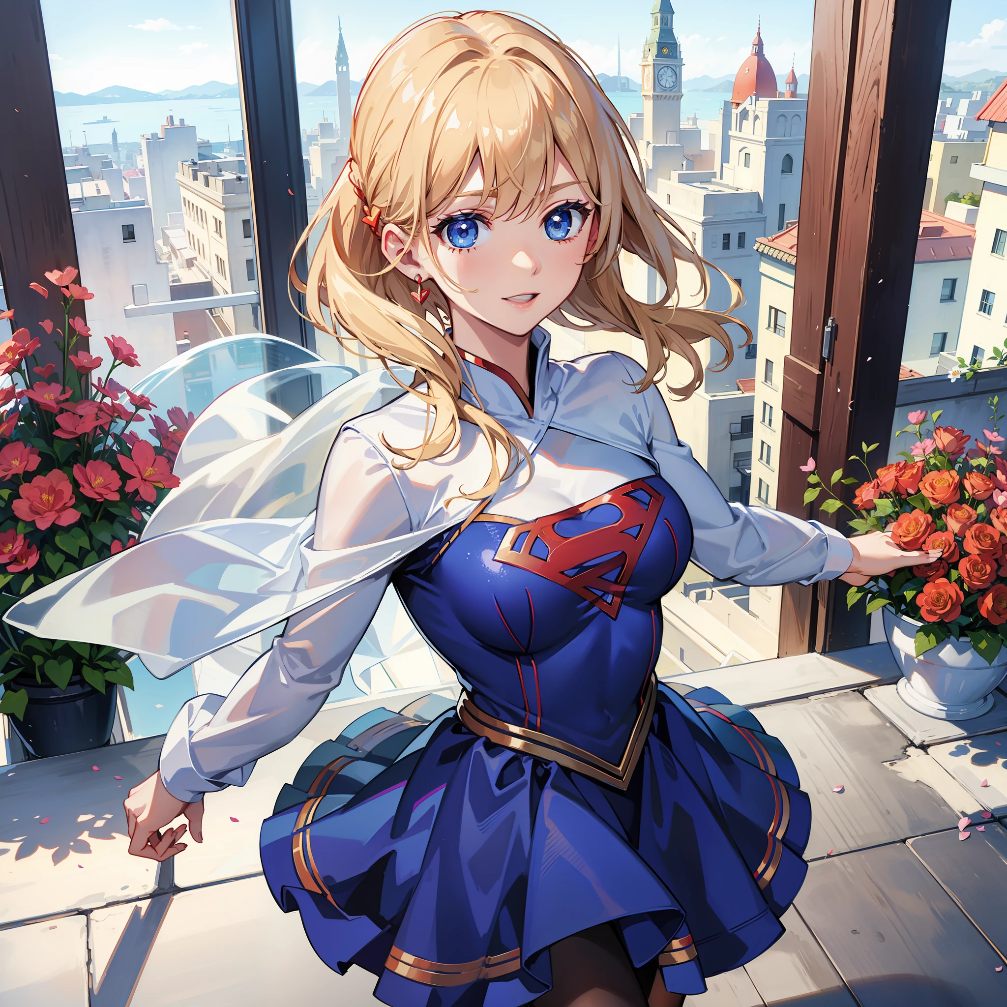 supergirl, valentine's days, happy, scenery with flowers, intricate details, 4k