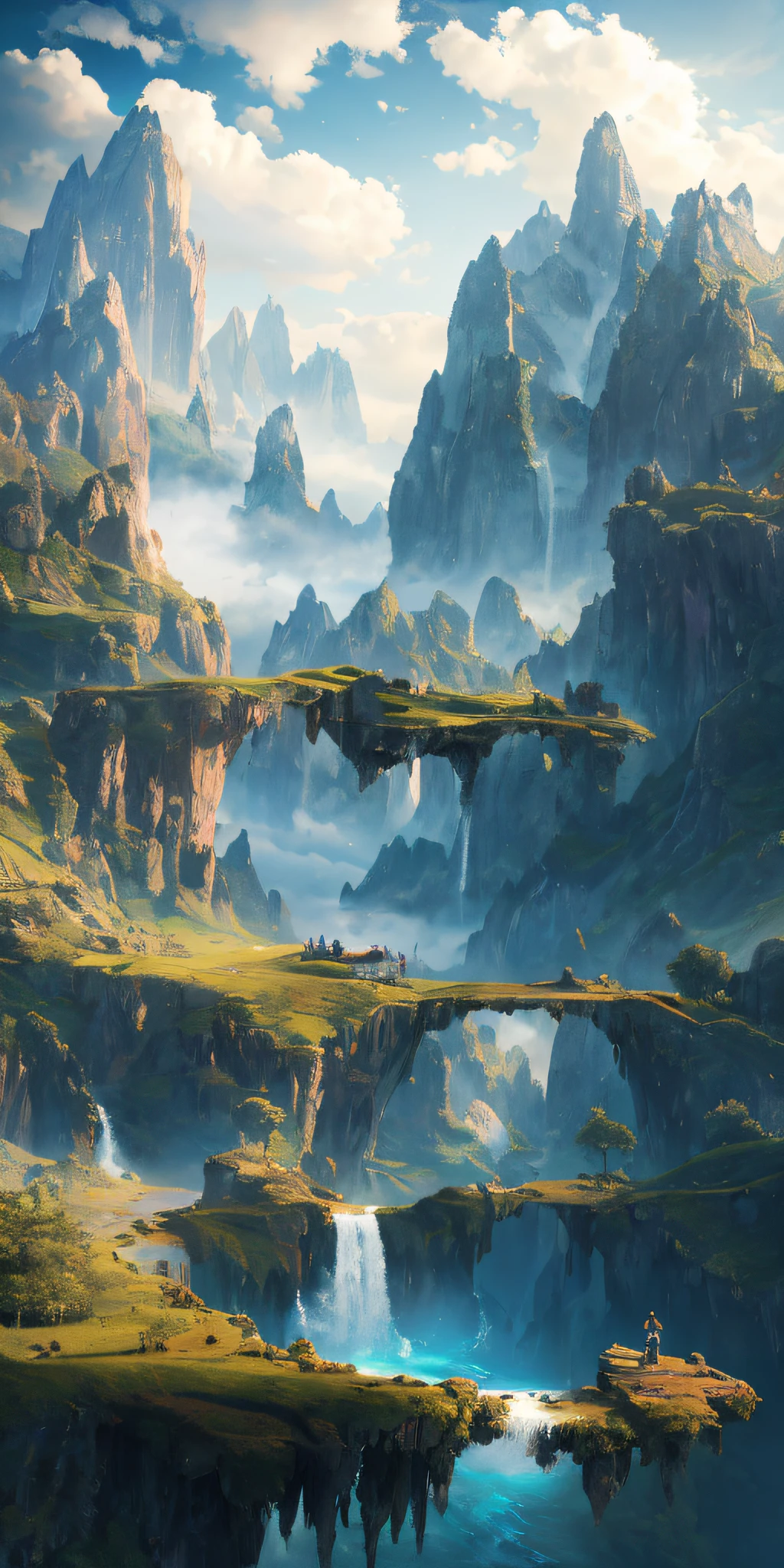 Masterpiece, best quality, high quality, extremely detailed CG unity 8k wallpaper, landscape, outdoor, sky, cloud, sky, no humans, mountain, landscape, water, tree, blue sky, waterfall, cliff, nature, lake, river , cloudy skies, award winning photography, bokeh, depth of field, HDR, bloom, chromatic aberration, photorealism, very detailed, trending on artstation, trending on CGsociety, intricate, high detail, dramatic, midjourney art