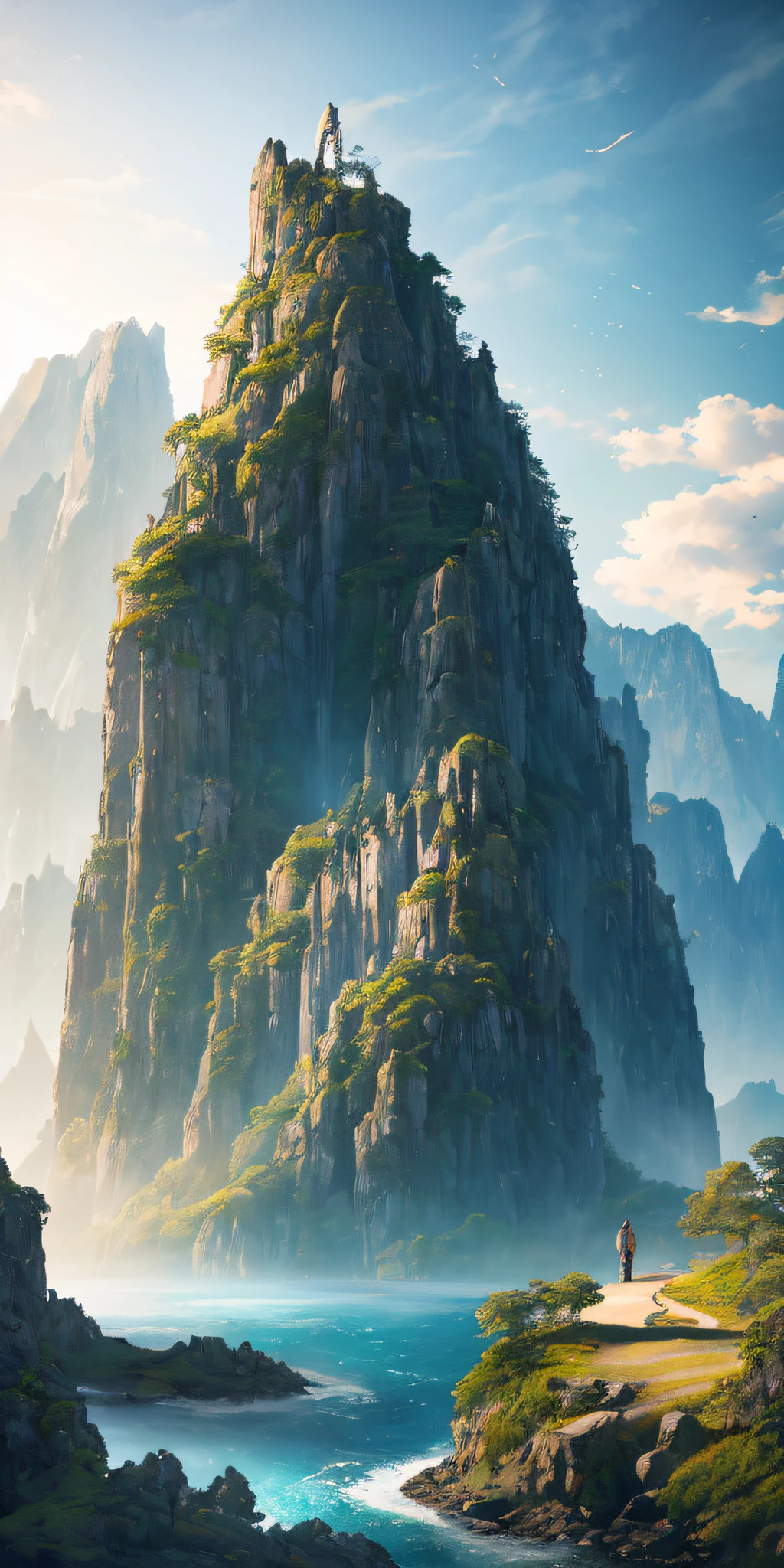 Masterpiece, best quality, high quality, extremely detailed CG unity 8k wallpaper, landscape, outdoor, sky, cloud, sky, no humans, mountain, landscape, water, tree, blue sky, waterfall, cliff, nature, lake, river , cloudy skies, award winning photography, bokeh, depth of field, HDR, bloom, chromatic aberration, photorealism, very detailed, trending on artstation, trending on CGsociety, intricate, high detail, dramatic, midjourney art