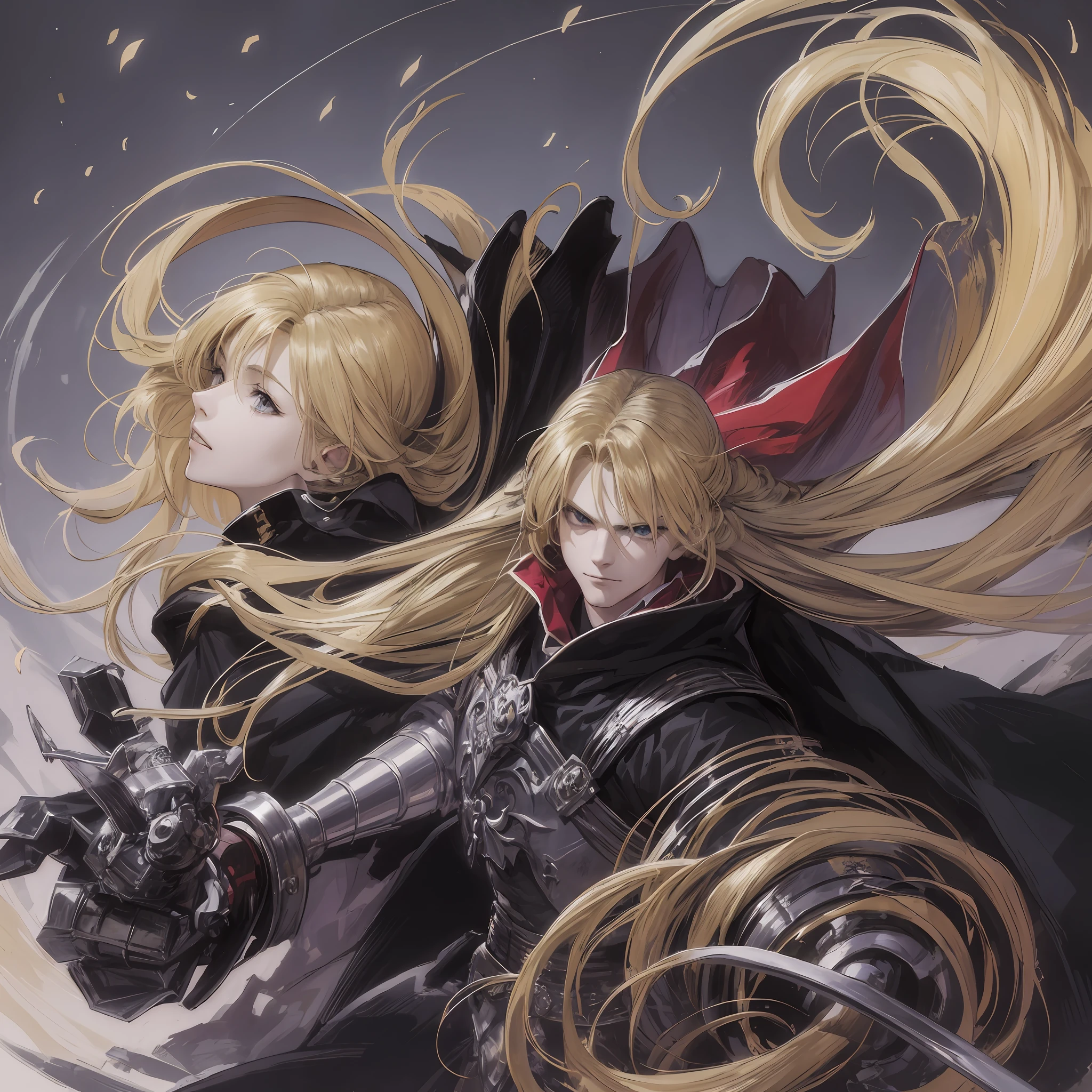 anime, long blonde hair, male, sad face, pointing, wearing a paw, gauntlet sword, black clothes, black overcoat, dark, gothic, sarcastic smile, furious, arms outstretched, holding a gauntlet sword paw, cold, shadow powers, frozen place, next to a giant made of shadows, shadows, dark giant, dark