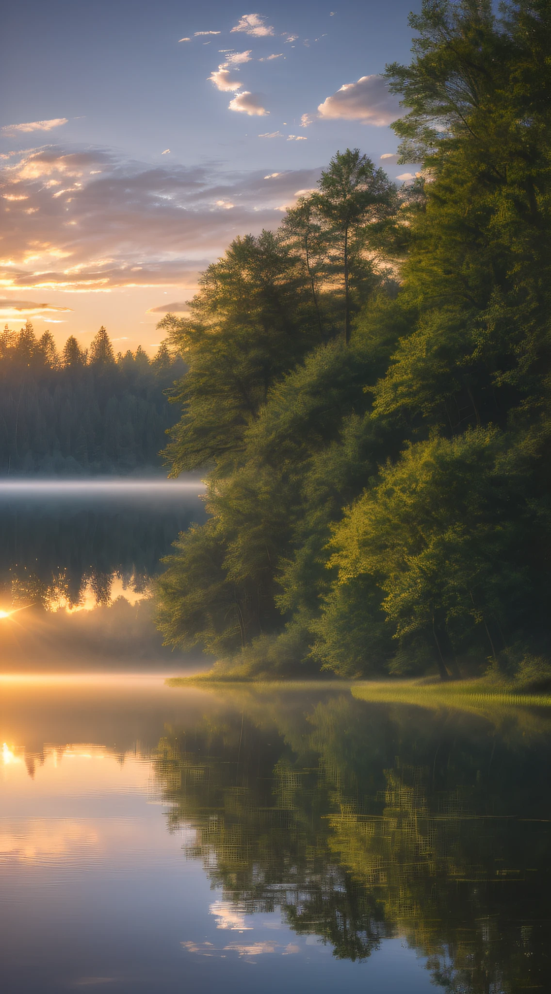 wallpaper, summer, lake, dawn, forest, detailed forest, clouds, masterpiece, cinematic, soft light, depth of field, ray tracing, reflection in water, realism, ulra detailed,