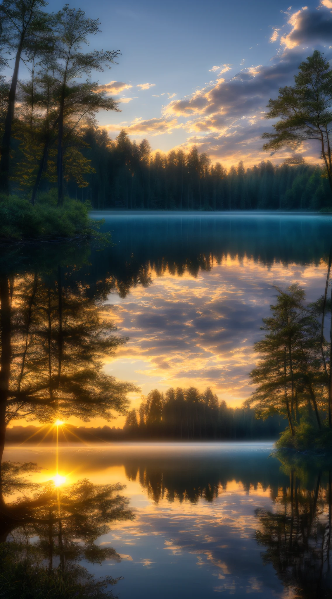 wallpaper, summer, lake, dawn, forest, detailed forest, clouds, masterpiece, cinematic, soft light, depth of field, ray tracing, reflection in water, realism, ulra detailed,