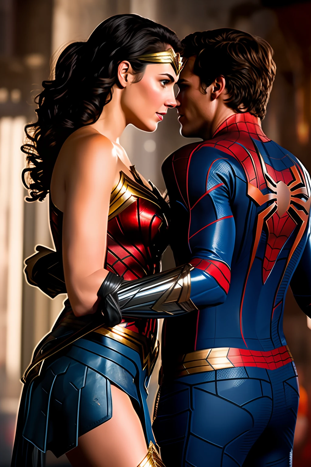 Wonder woman dating spider-man, realistic and detailed image in a scratch scene