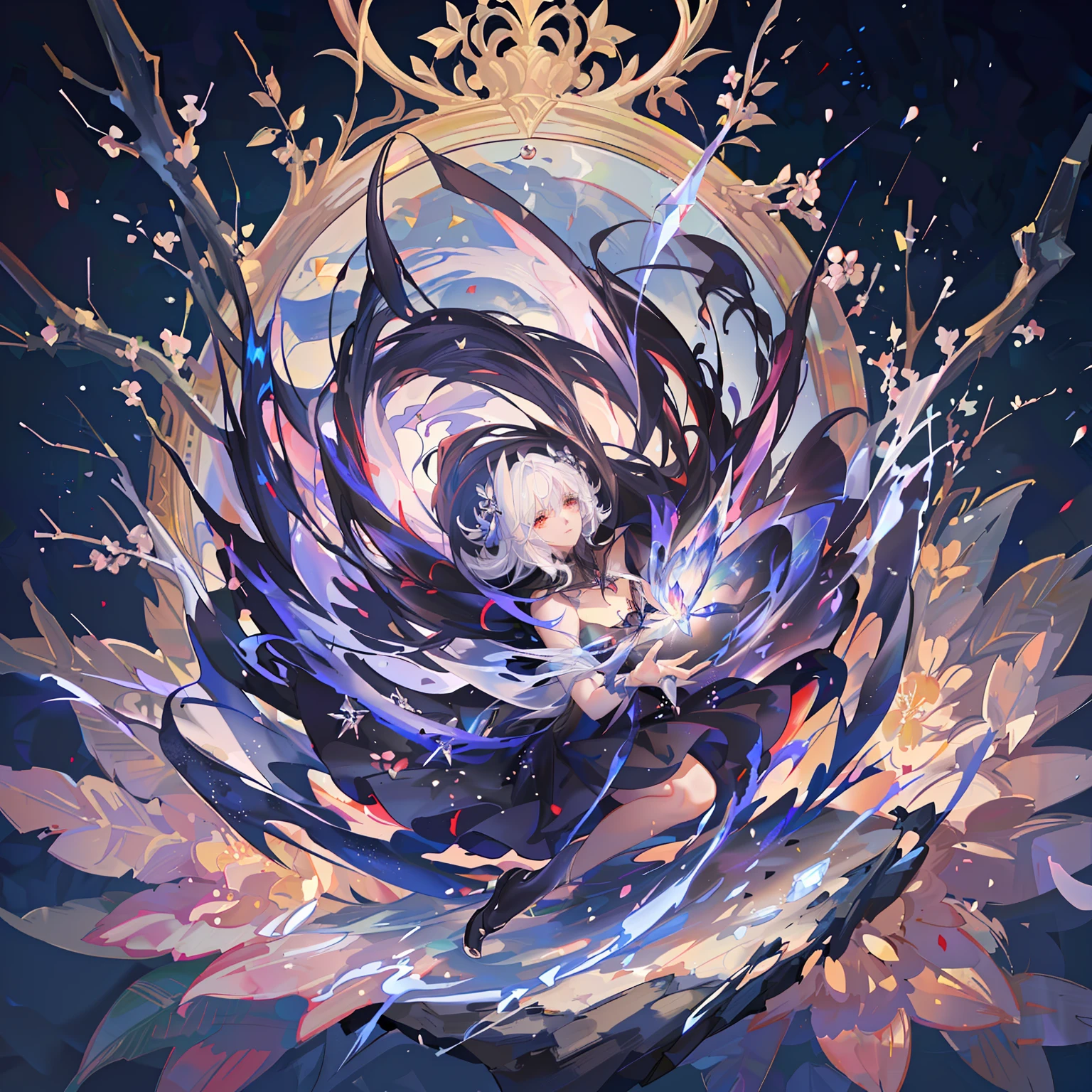 macro, anime style, a glorious void-infused black peony, frozen, frost coating, beads of condensation, crystal and sparks in the air, gilded, backdrop volumetric void-light, sublime, delicate, beautiful, intricate details, highly detailed, high-res, vivid color grading, composite lighting, dynamic composition, well drawn, crisp, sharp focus, glamour shot, realistic