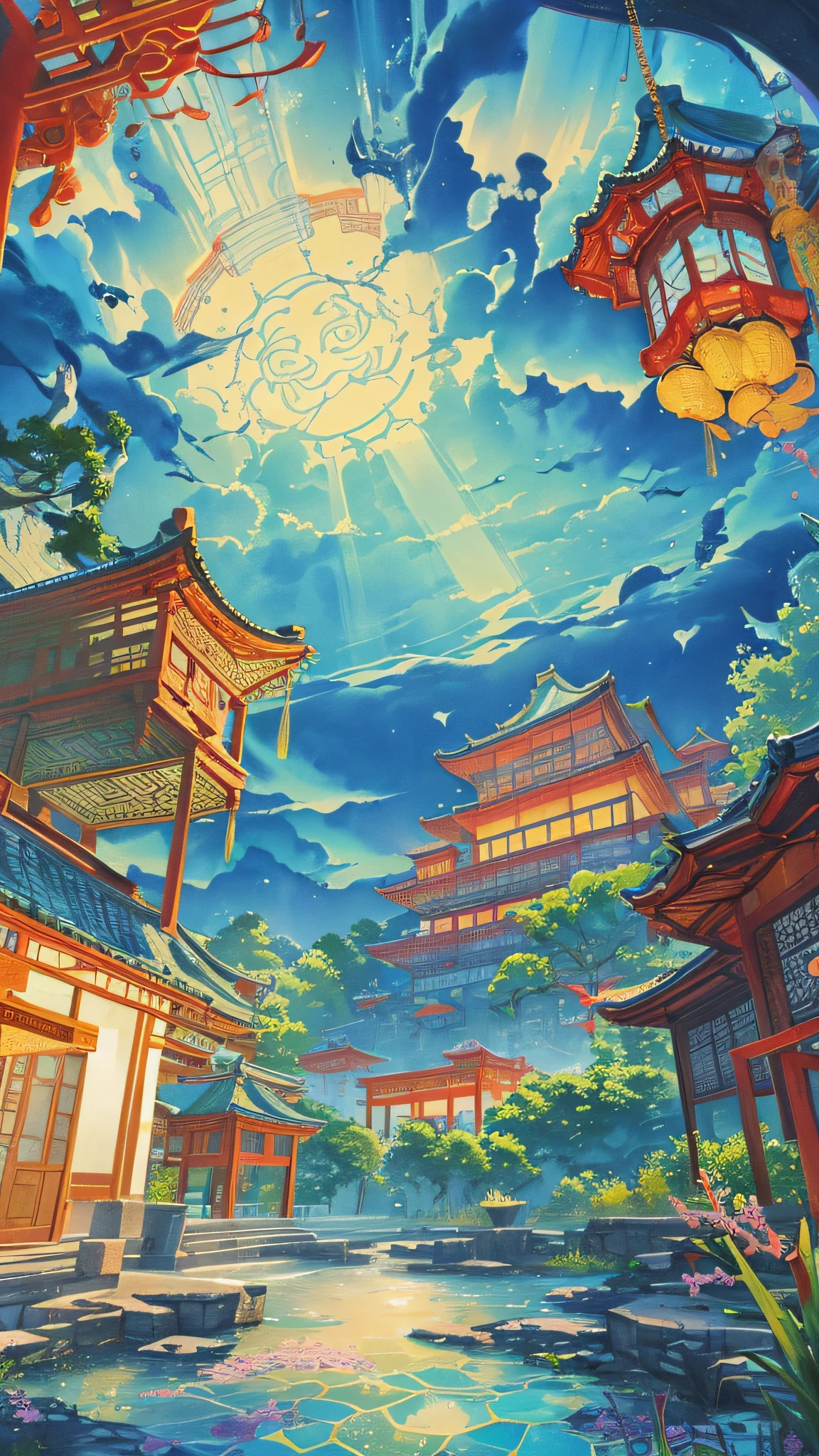 The game scene, the ancient Chinese palace is located above the clouds, surrounded by clouds and mist, majestic, glazed tiles, colorful rays of light, ((color ink)),((splash ink)),((splash ink) ink}) ), masterpiece, high quality, Refined graphics, high detail