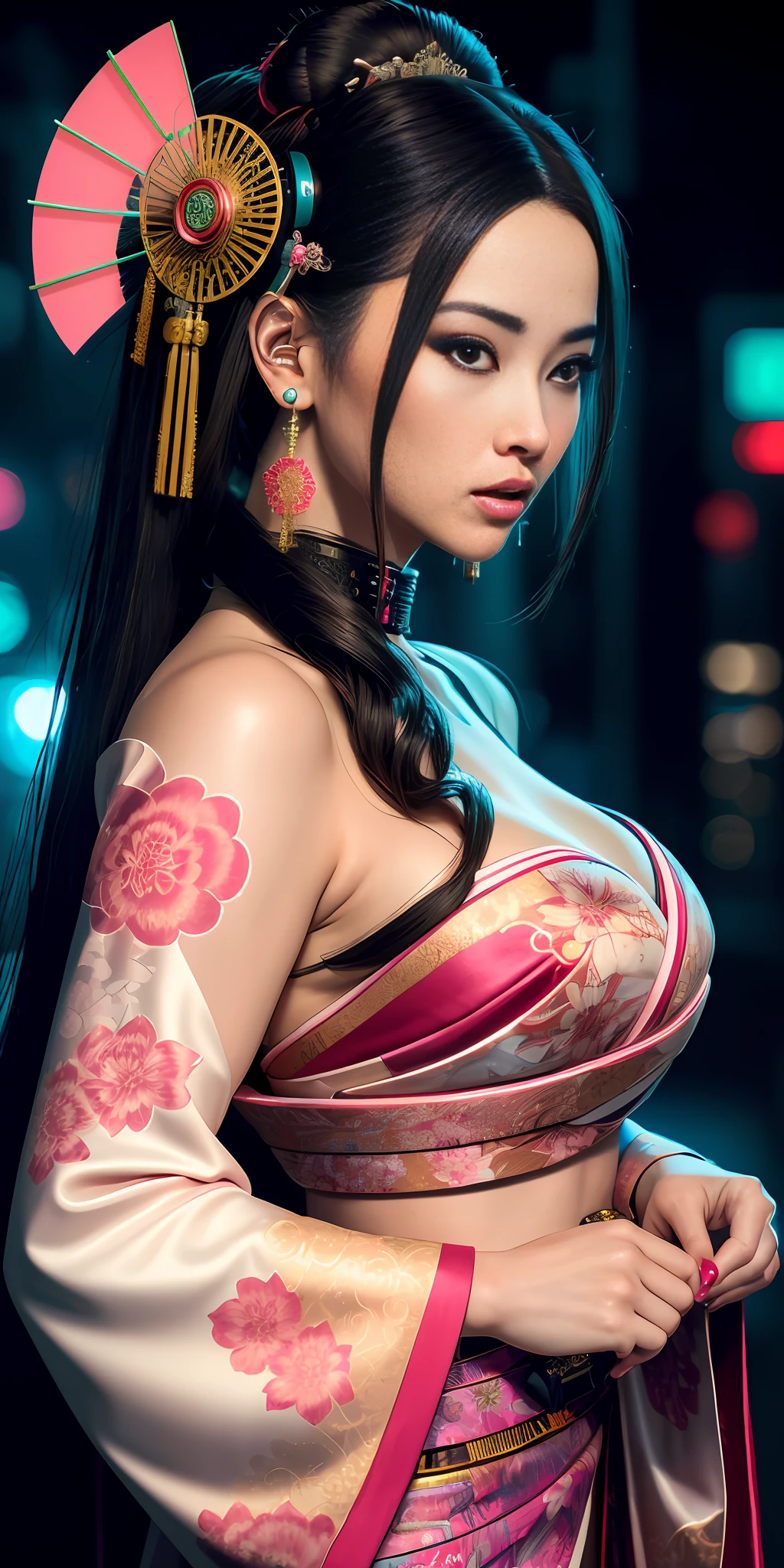 ((hyperrealistic, photorealistic, 8k, intricate details)) masterpiece, beautiful young and sweet queen of cyberpunk hot geisha, geisha goddess, geisha queen, fleshy lips, full breasts, with flowing hair, hyper realistic, wearing sensual pink and white kimono with neon flowers drawn, wearing rings and bracelets with jewels, walking in cyberpunk Japan (side lighting, insanely detailed cyberpunk background).