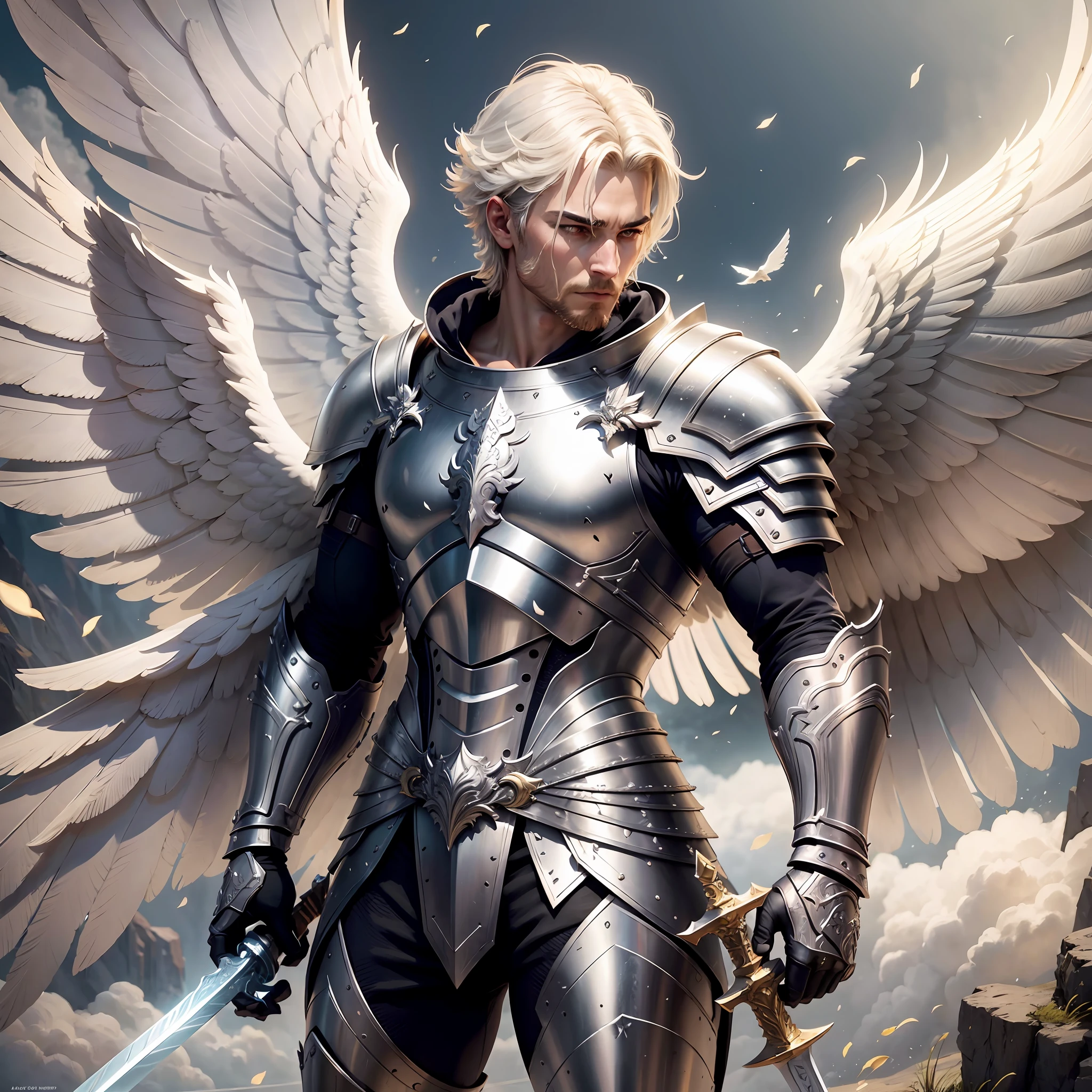 a male warrior angel holding a sword, white armor, wings, majestic, cinematic, ultra realistic, highly detailed environment --auto --s2